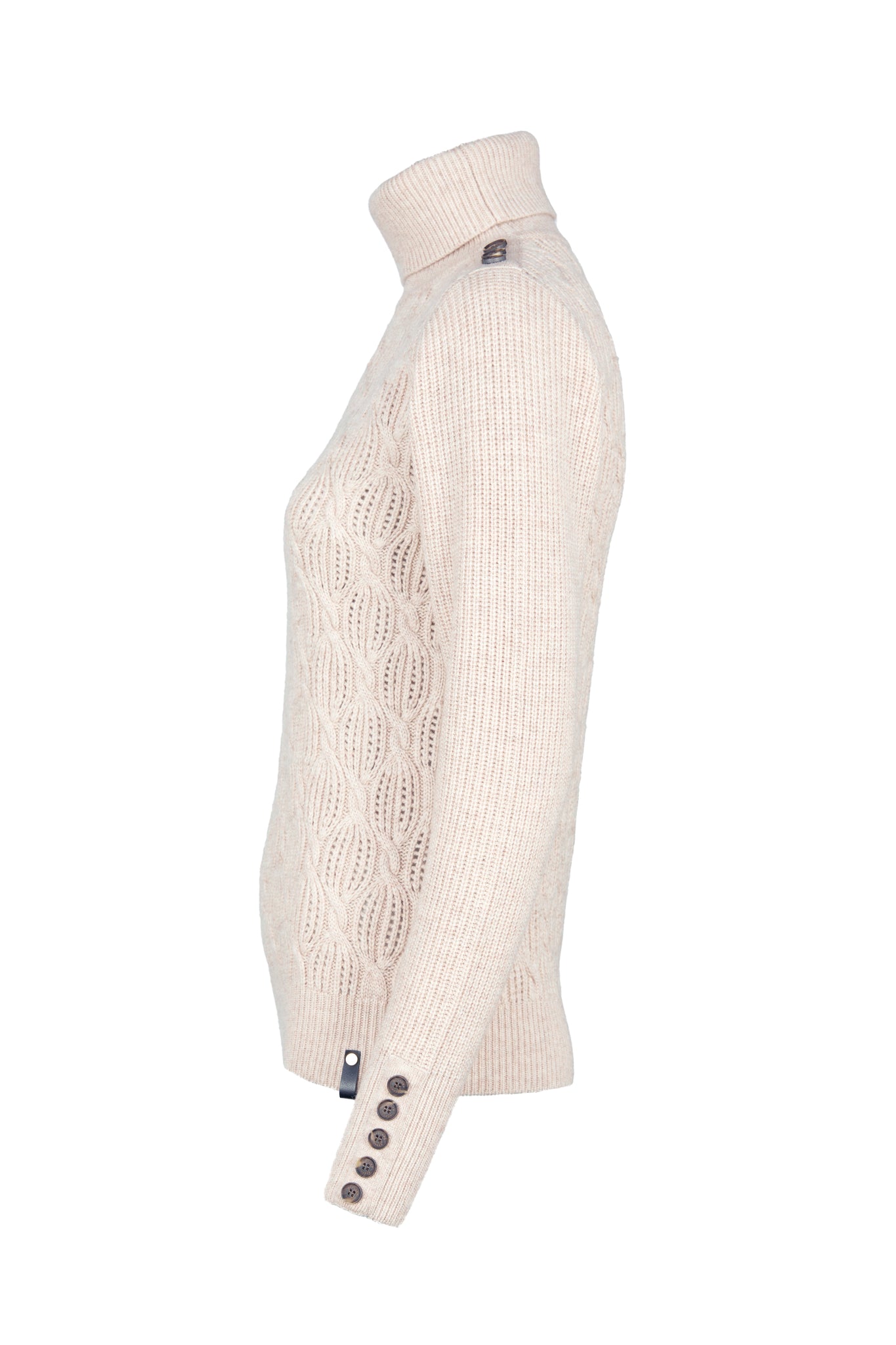 side of relaxed fit decorative cable knit merino wool roll neck jumper in oatmeal with horn buttons and ribbed cuffs and collar