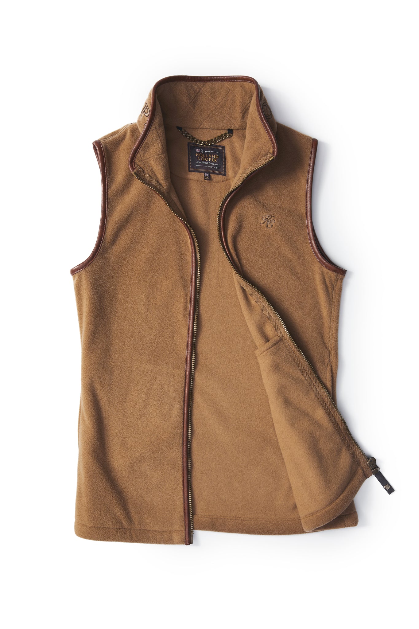 womens fleece gilet in light brown with dark brown leather piping around armholes neckline and down the front zip fastening