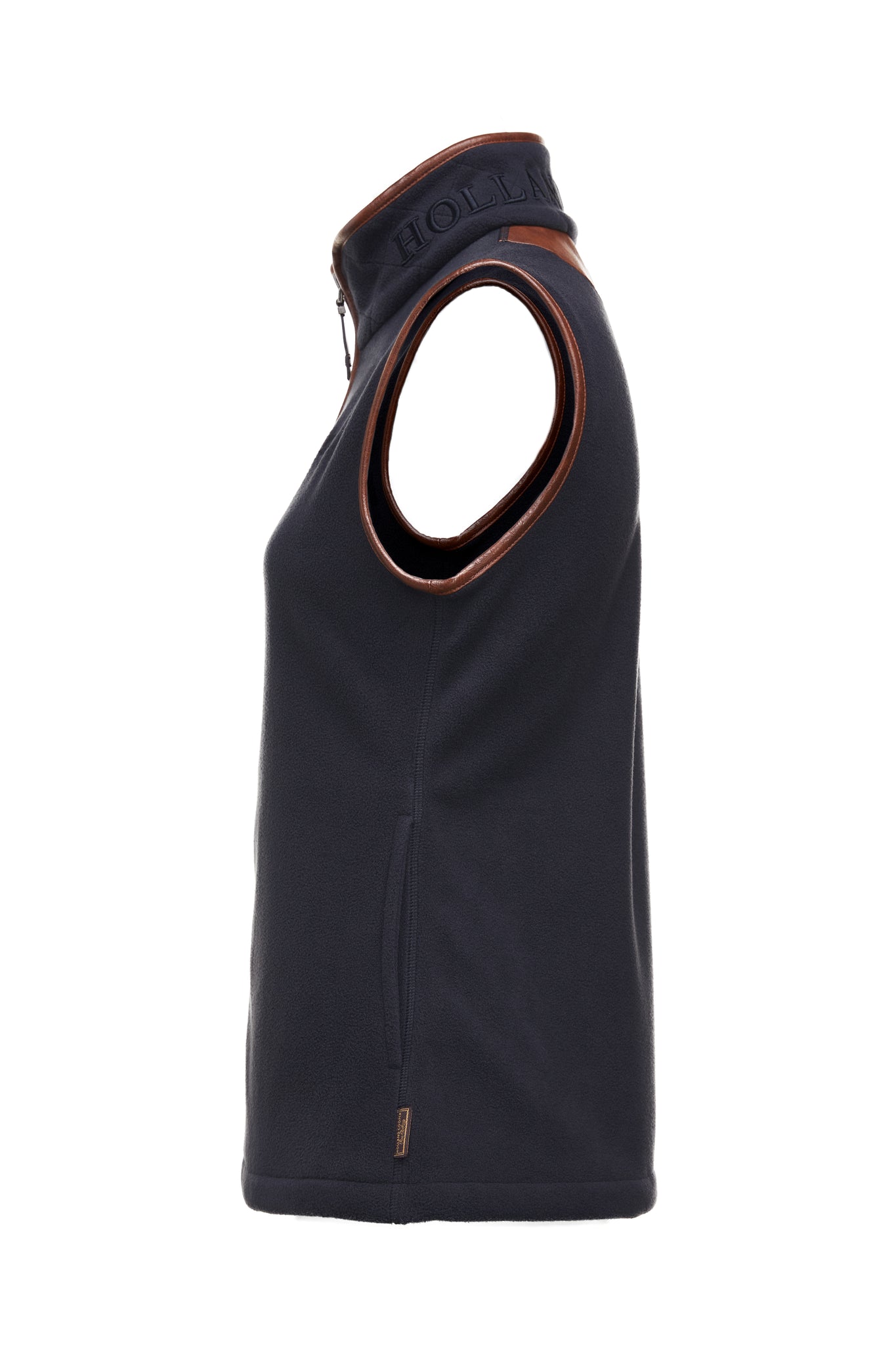 side of womens fleece gilet in navy with dark brown leather piping around armholes neckline and down the front zip fastening