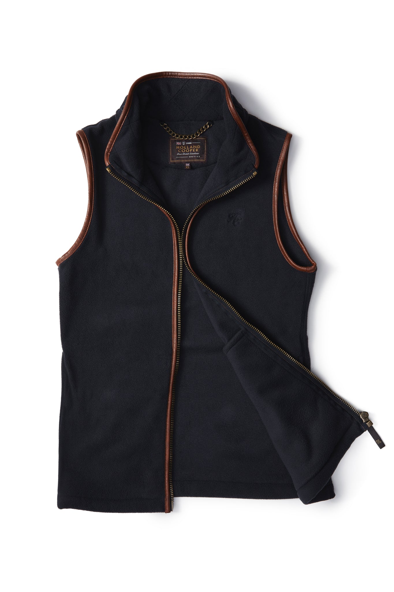 womens fleece gilet in navy with dark brown leather piping around armholes neckline and down the front zip fastening