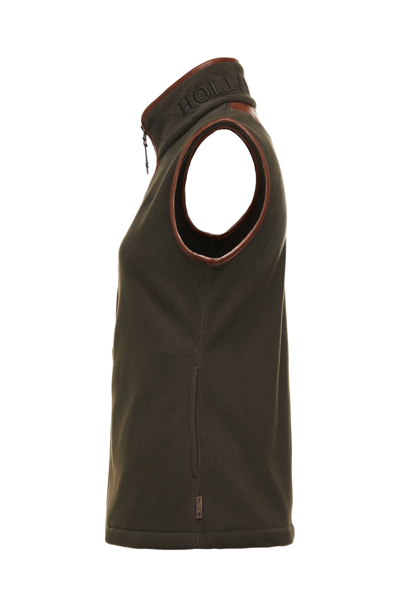 side of womens fleece gilet in khaki with tan leather piping around armholes neckline and down the front zip fastening