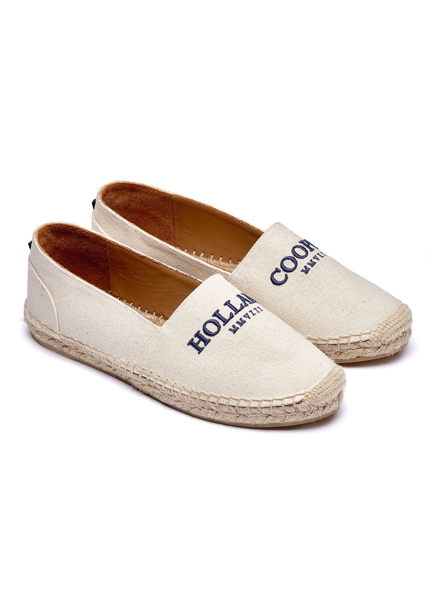 classic style natural canvas espadrille with plaited jute sole and jute toe cap with navy embroidered branding on top