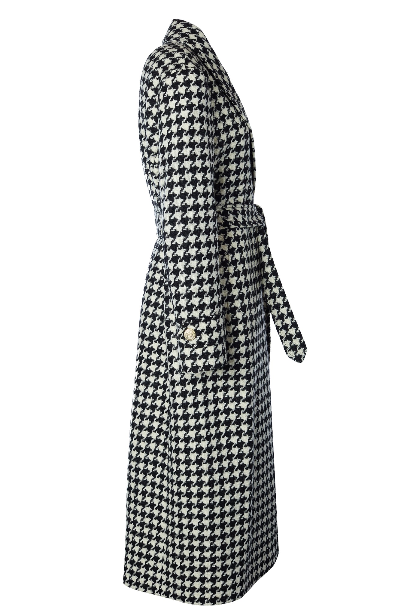 side of Womens black and white large houndstooth mid length wrap coat with tie belt