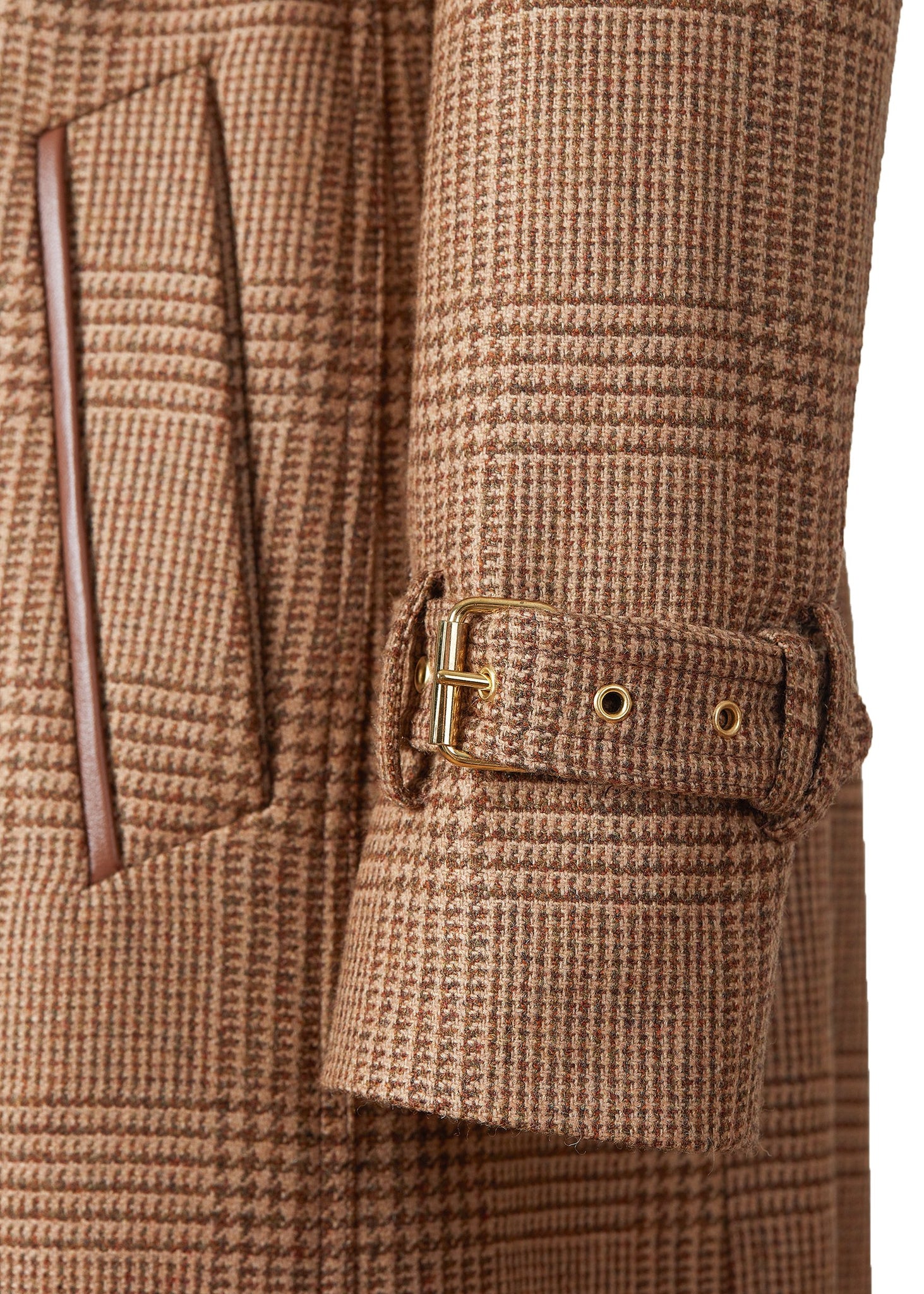 sleeve cuff and pocket detail on womens brown tweed double breasted full length wool trench coat
