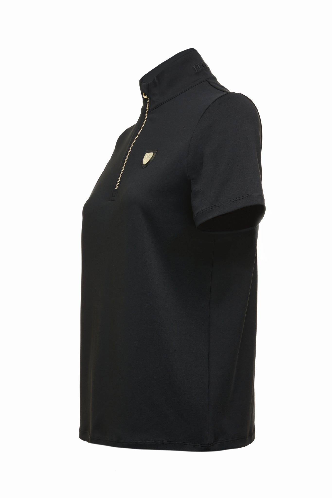 side of womens equestrian short sleeve base layer in black