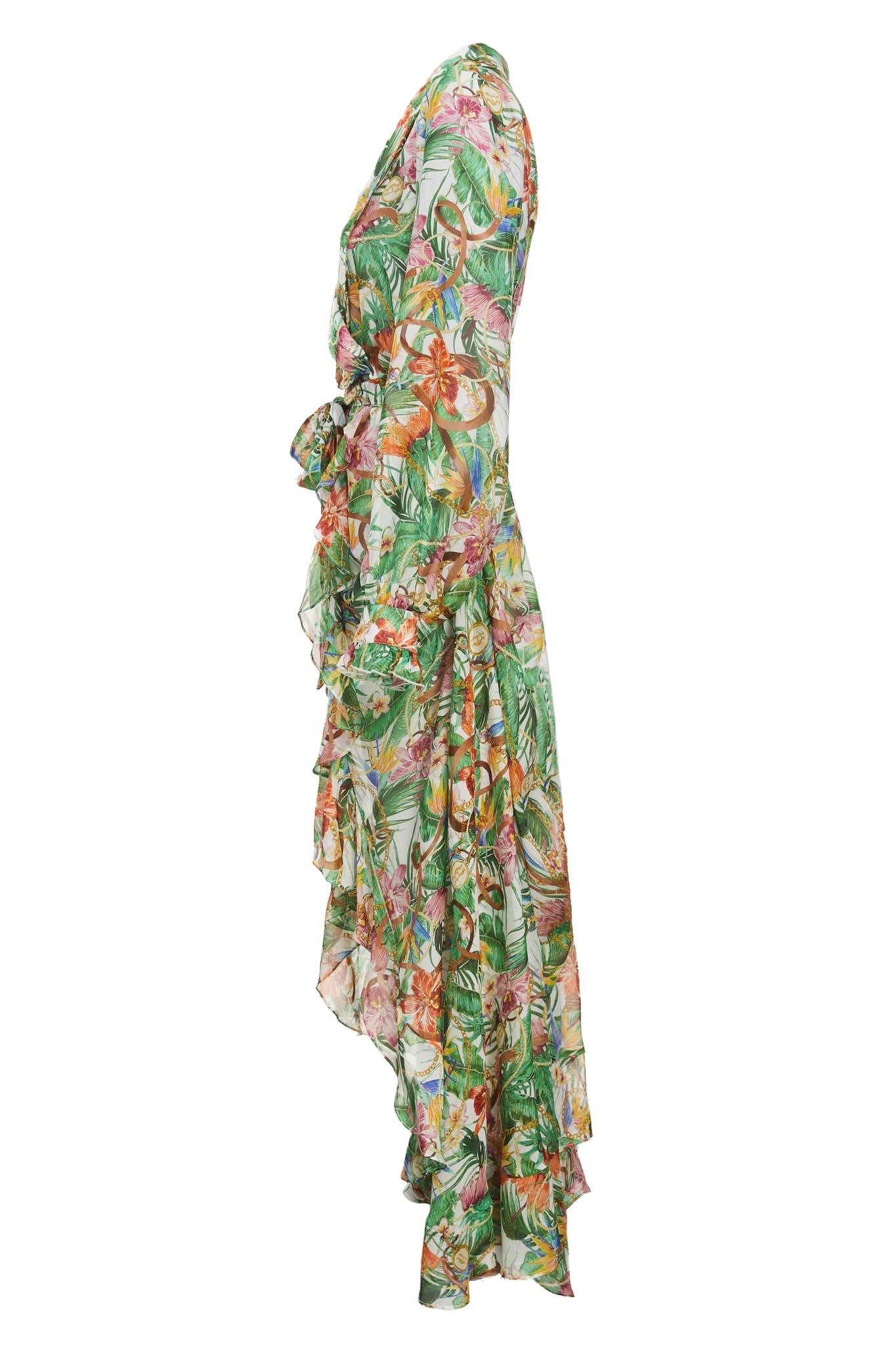 side shot of womens printed multi coloured maxi dress 