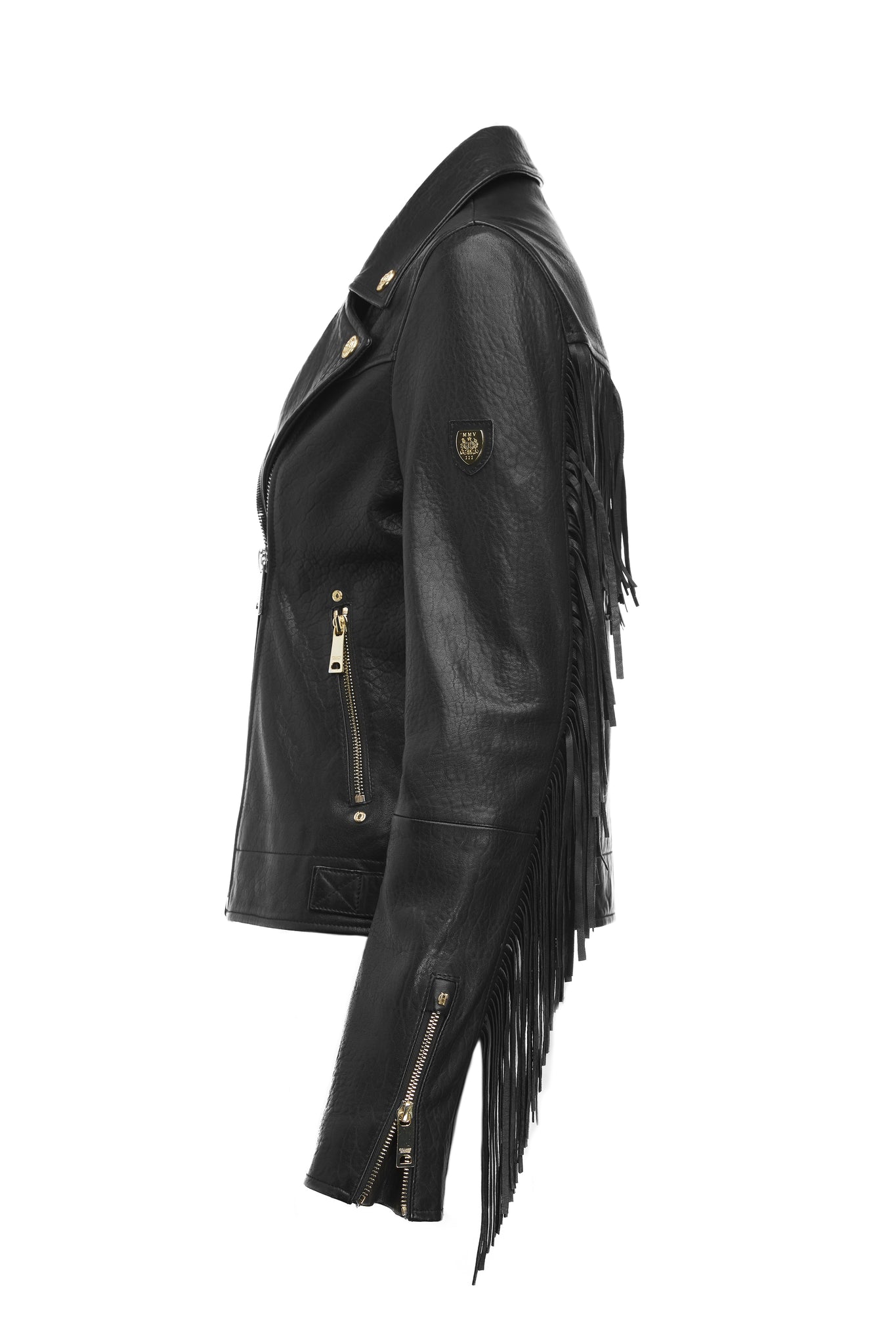 side of womens leather biker jacket in black with fringing along the back and sleeves detailed with golf zips and small shield badge on arm