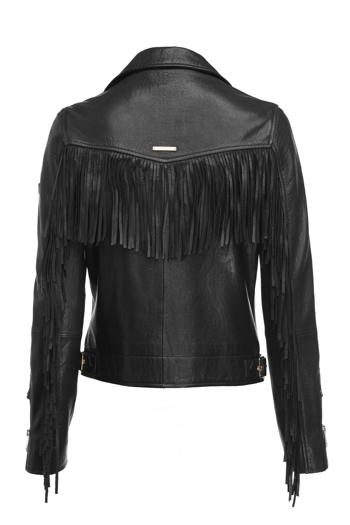 back of womens leather biker jacket in black with fringing along the back and sleeves detailed with golf zips and small shield badge on arm