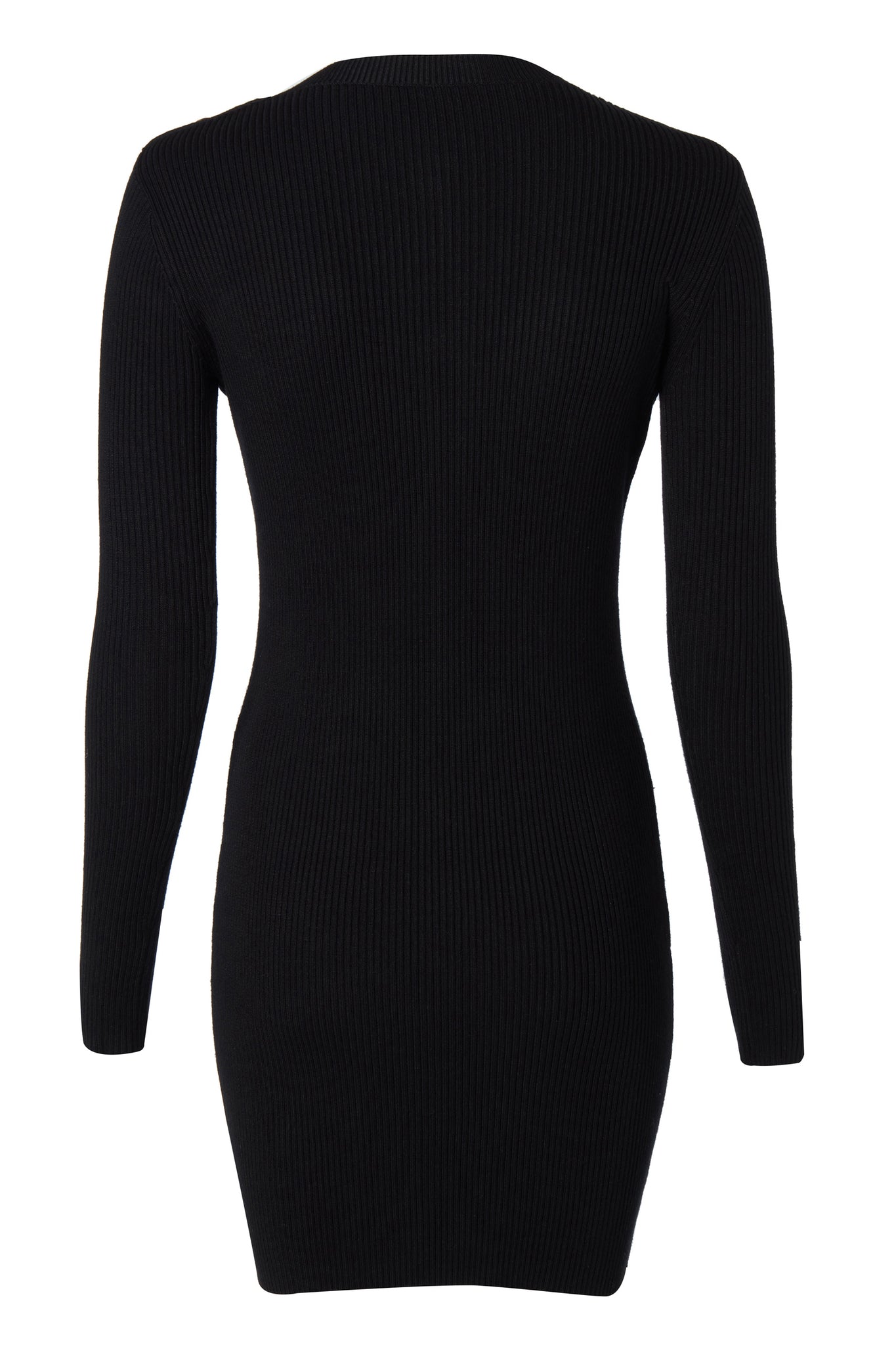 back womens slim fit crew neck long sleeve knitted dress in black with gold button detail down the centre front and two welt pockets on chest and two on the hips with gold buttons on the centre of each pocket