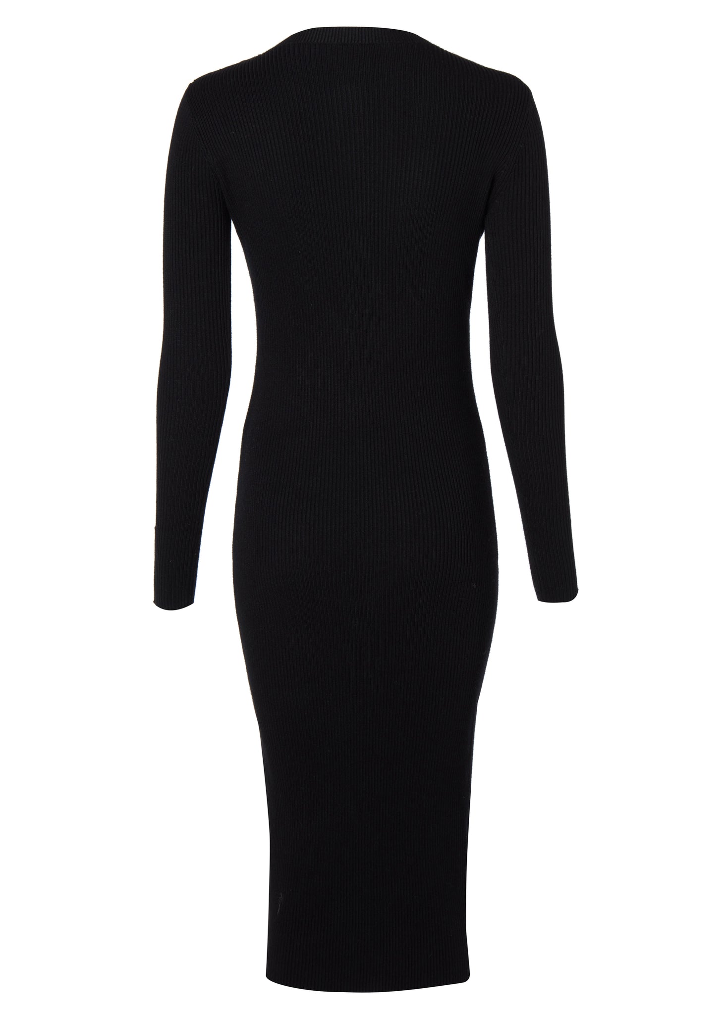 back of womens slim fit crew neck long sleeve knitted midi dress in black with gold button detail down the centre front and two welt pockets on chest and two on the hips with gold buttons on the centre of each pocket