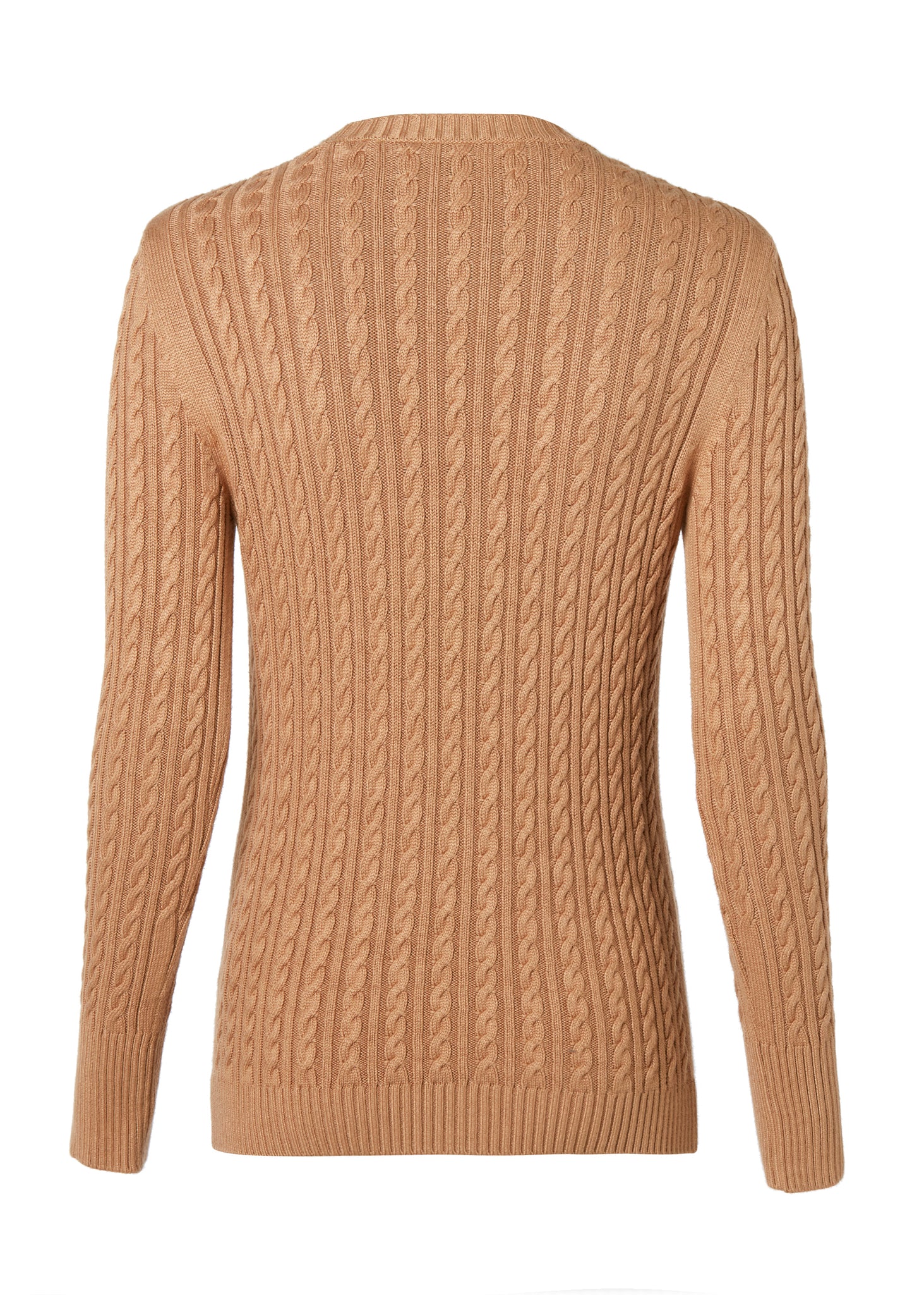 back of womens cable knit jumper in dark camel with ribbed crew neck cuffs and hem