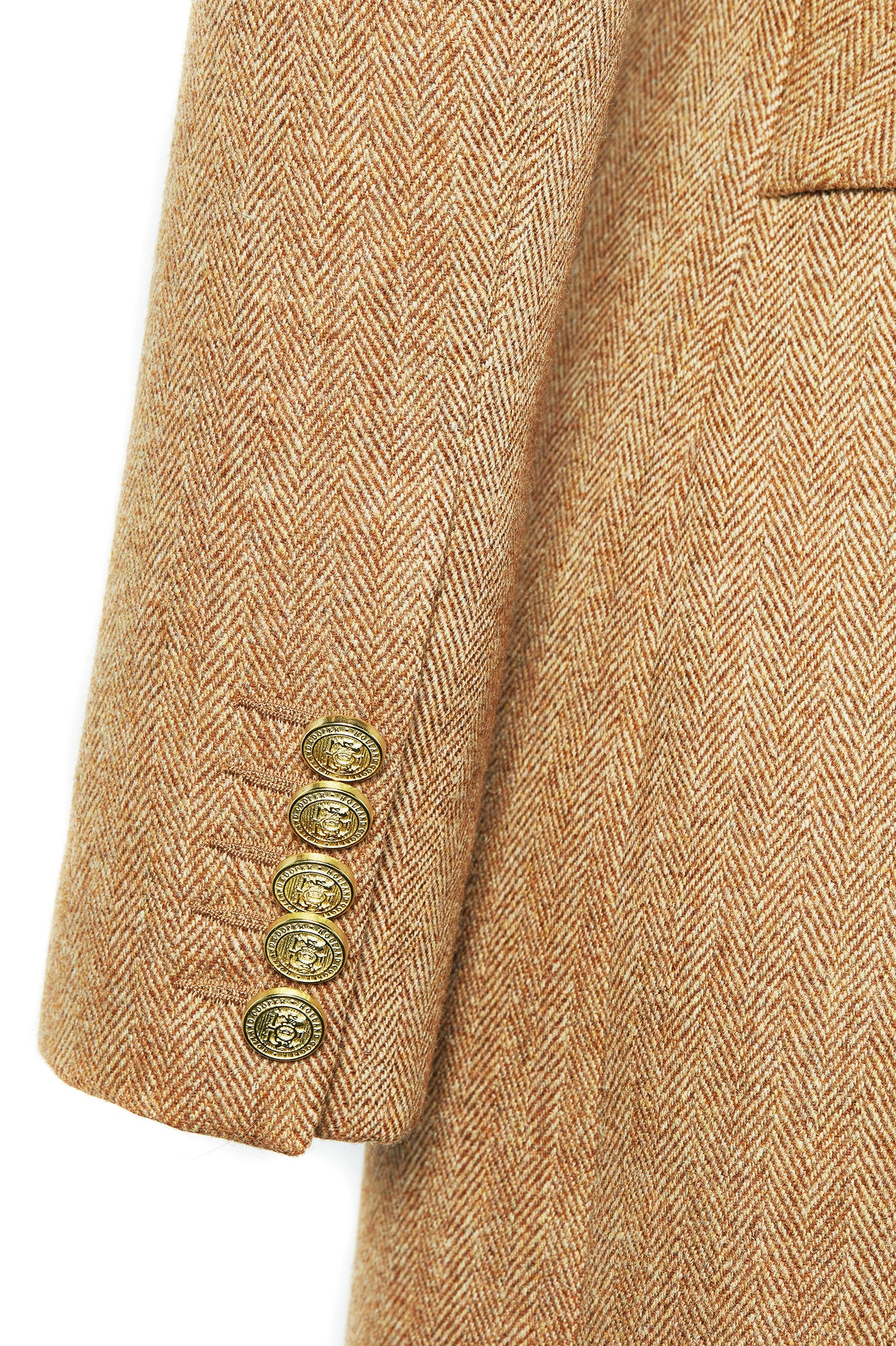 gold buttons on sleeve detail on womens brown tweed single breasted full length wool coat