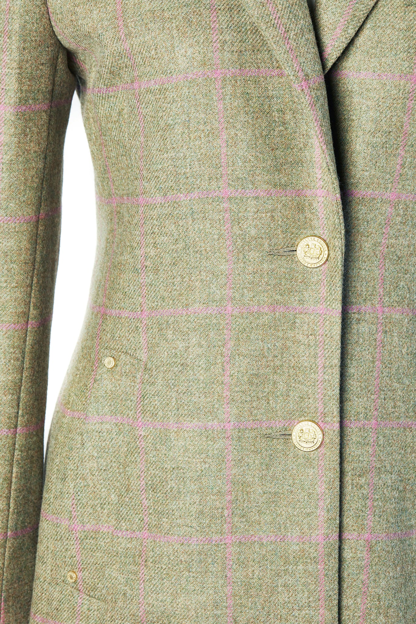 gold button detail on womens green and pink check single breasted full length wool coat