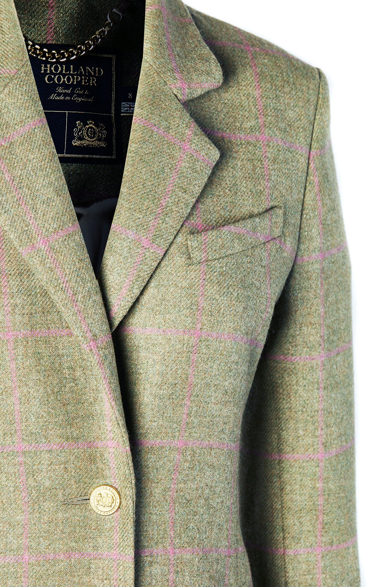 lapel detail on womens green and pink check single breasted full length wool coat