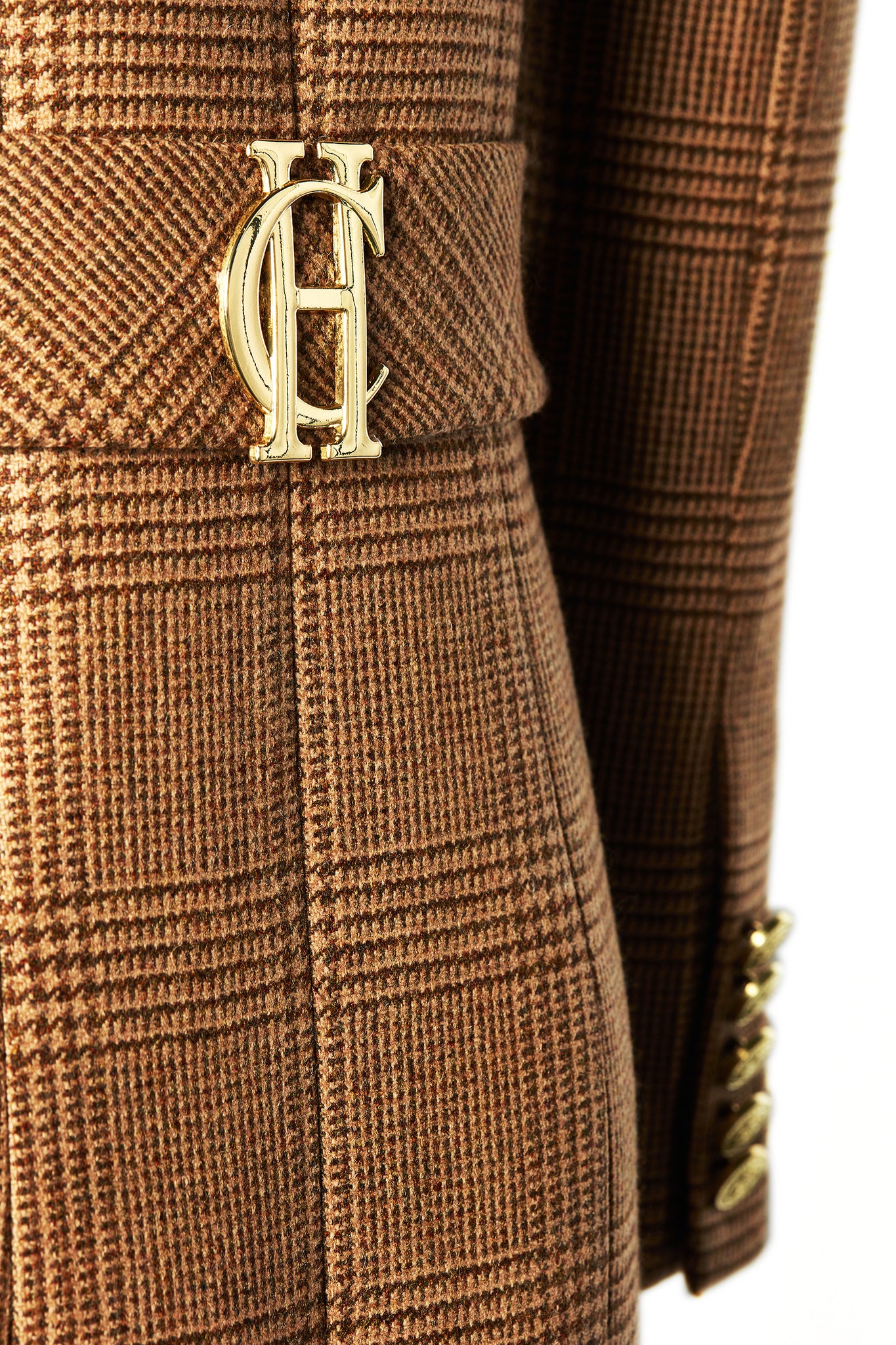 back gold hc detail on womens brown check single breasted full length wool coat