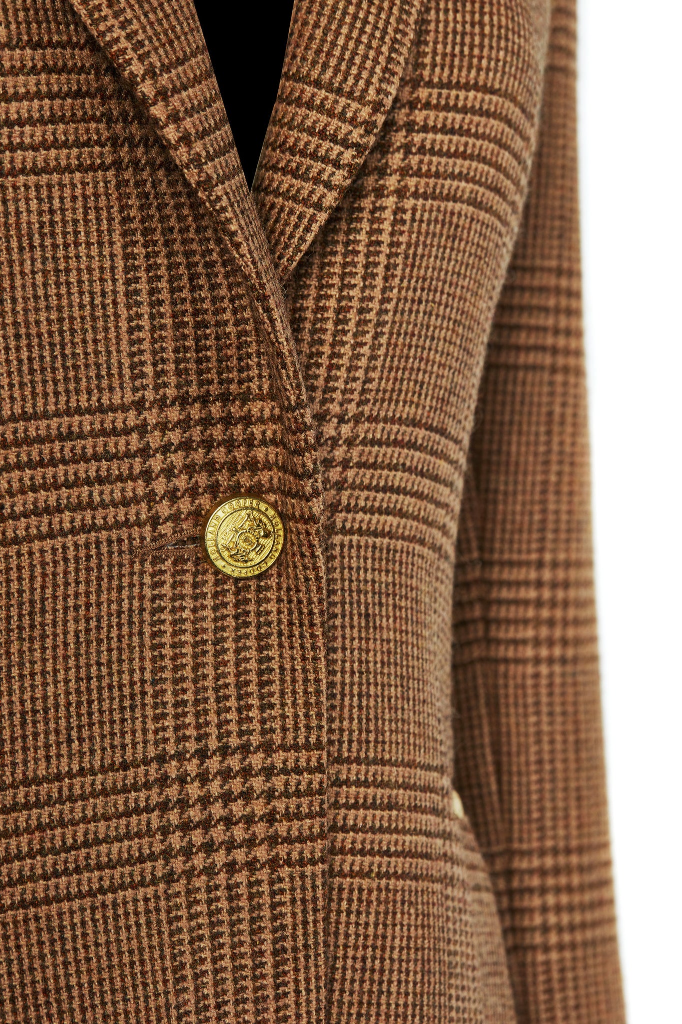 gold button detail on womens brown check single breasted full length wool coat