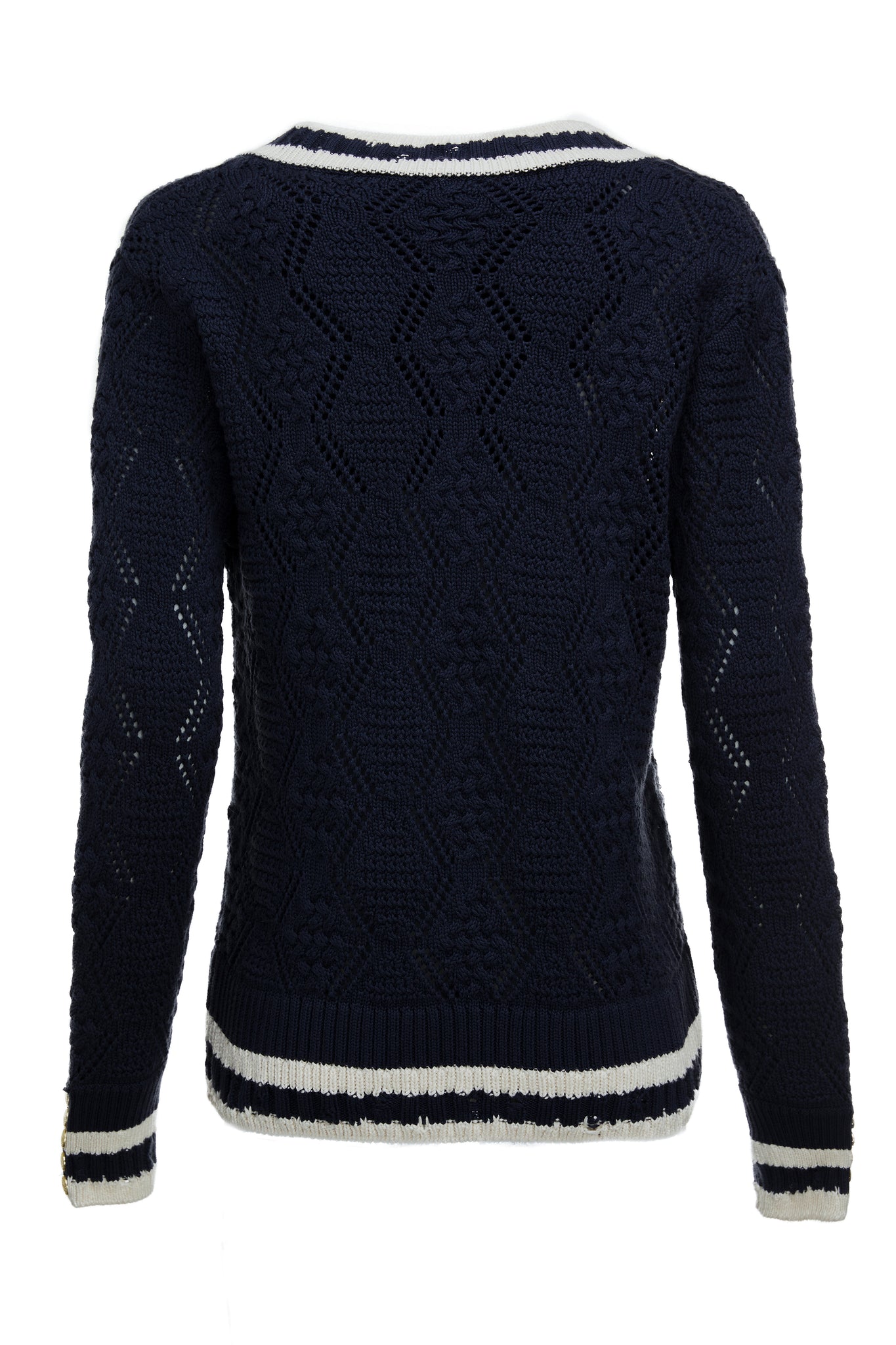back of a cricket style v neck lightweight knit in navy with thick ribbed  cream double stripe trims on cuffs and neckline