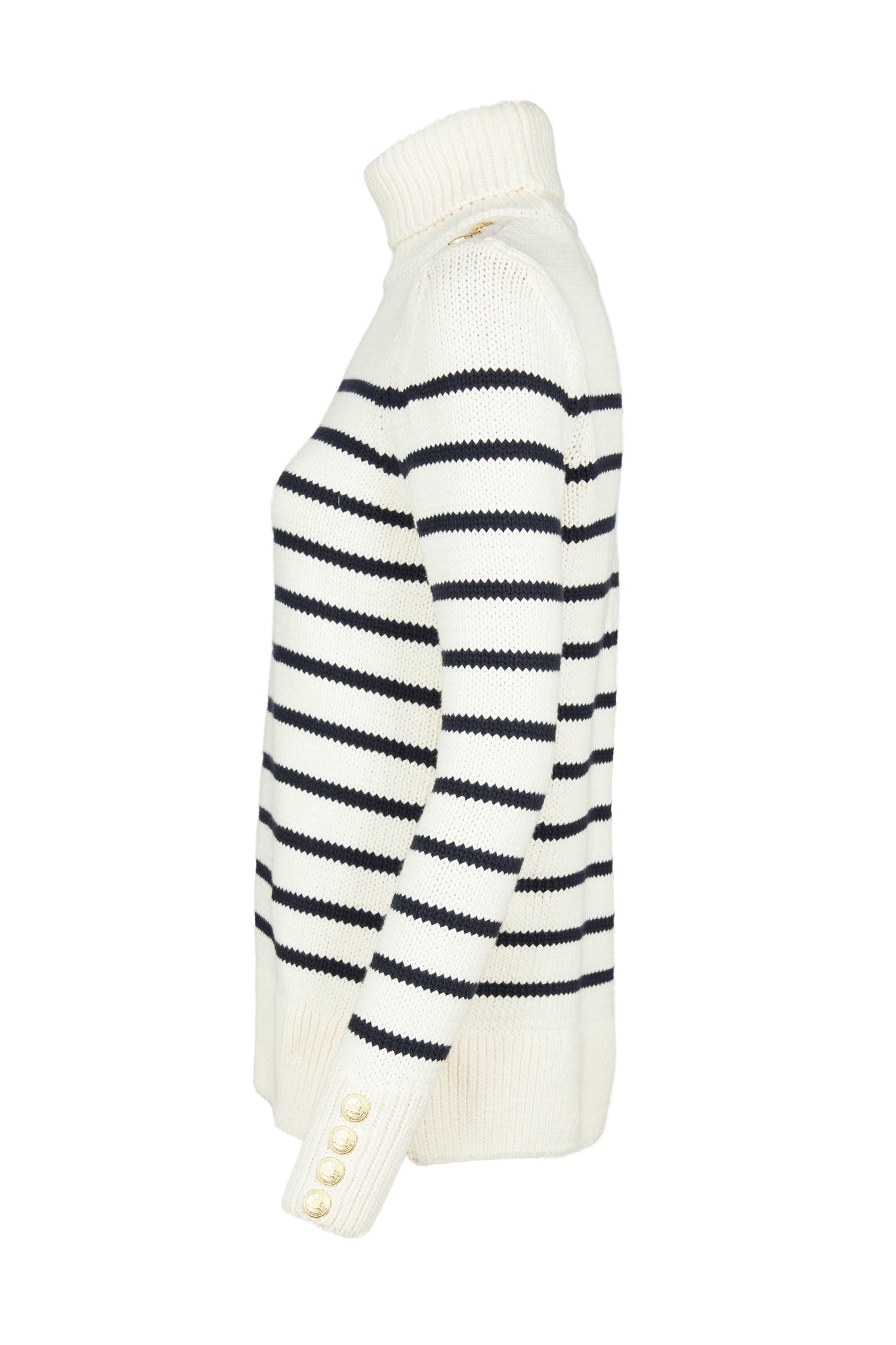 side of a classic cream and navy breton stripe roll neck jumper with a split ribbed hem and gold button detail on the cuffs and collar