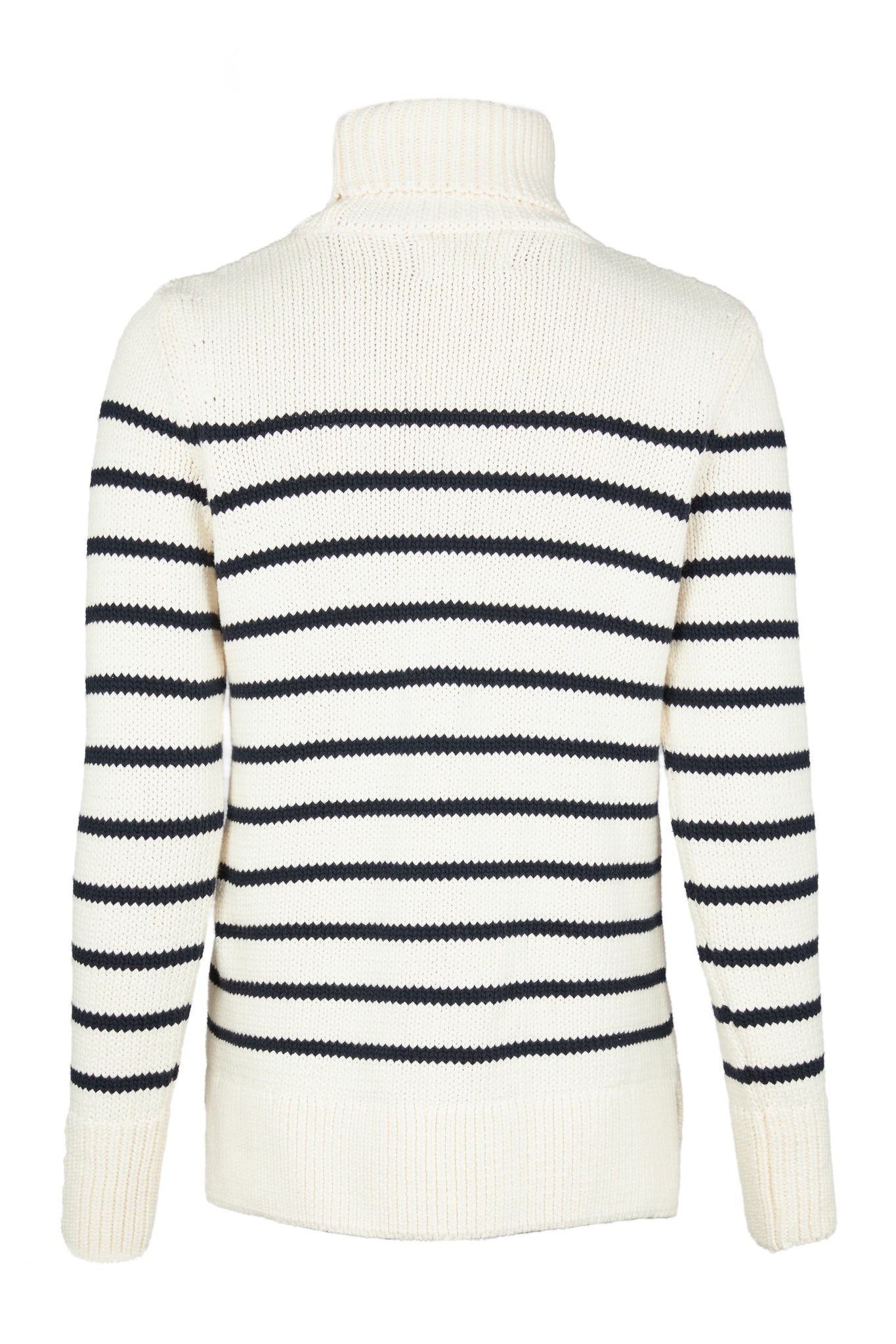 back of a classic cream and navy breton stripe roll neck jumper with a split ribbed hem and gold button detail on the cuffs and collar
