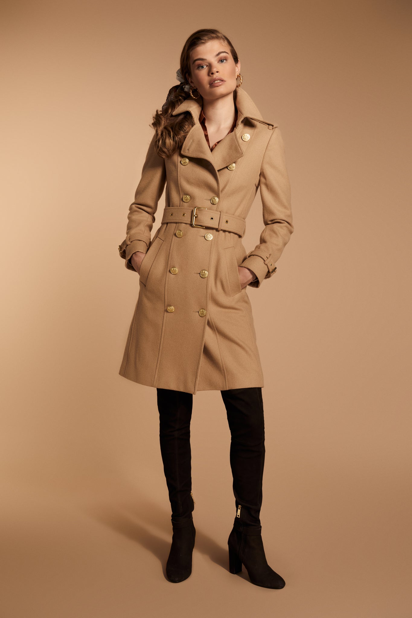 womens camel detailed with gold hardware knee length wool trench coat