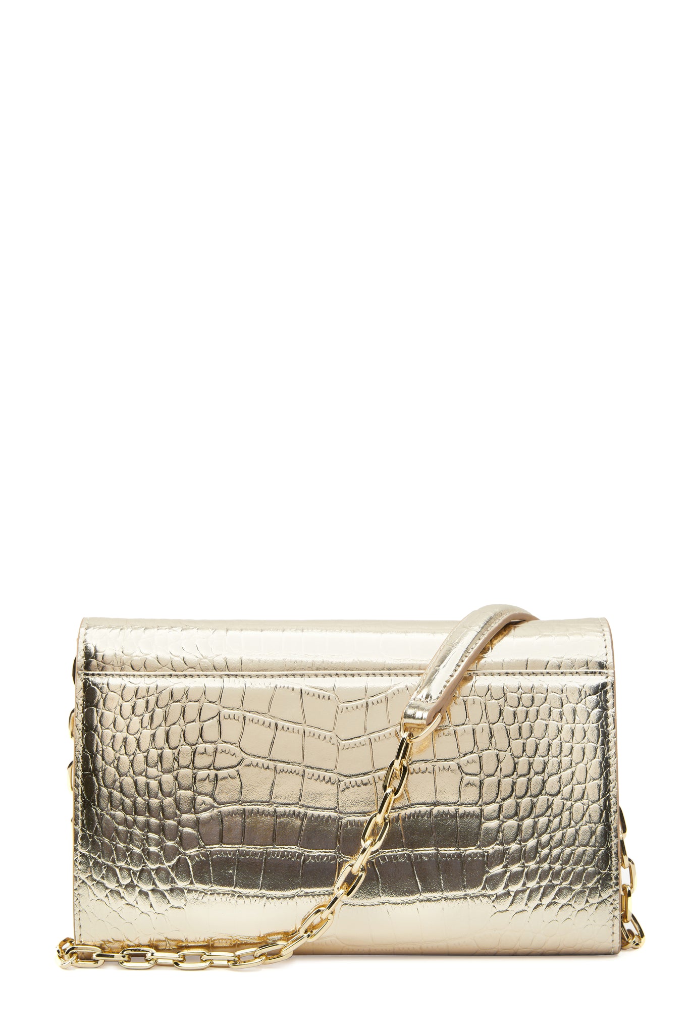 back shot womens gold croc embossed leather clutch bag with gold chain