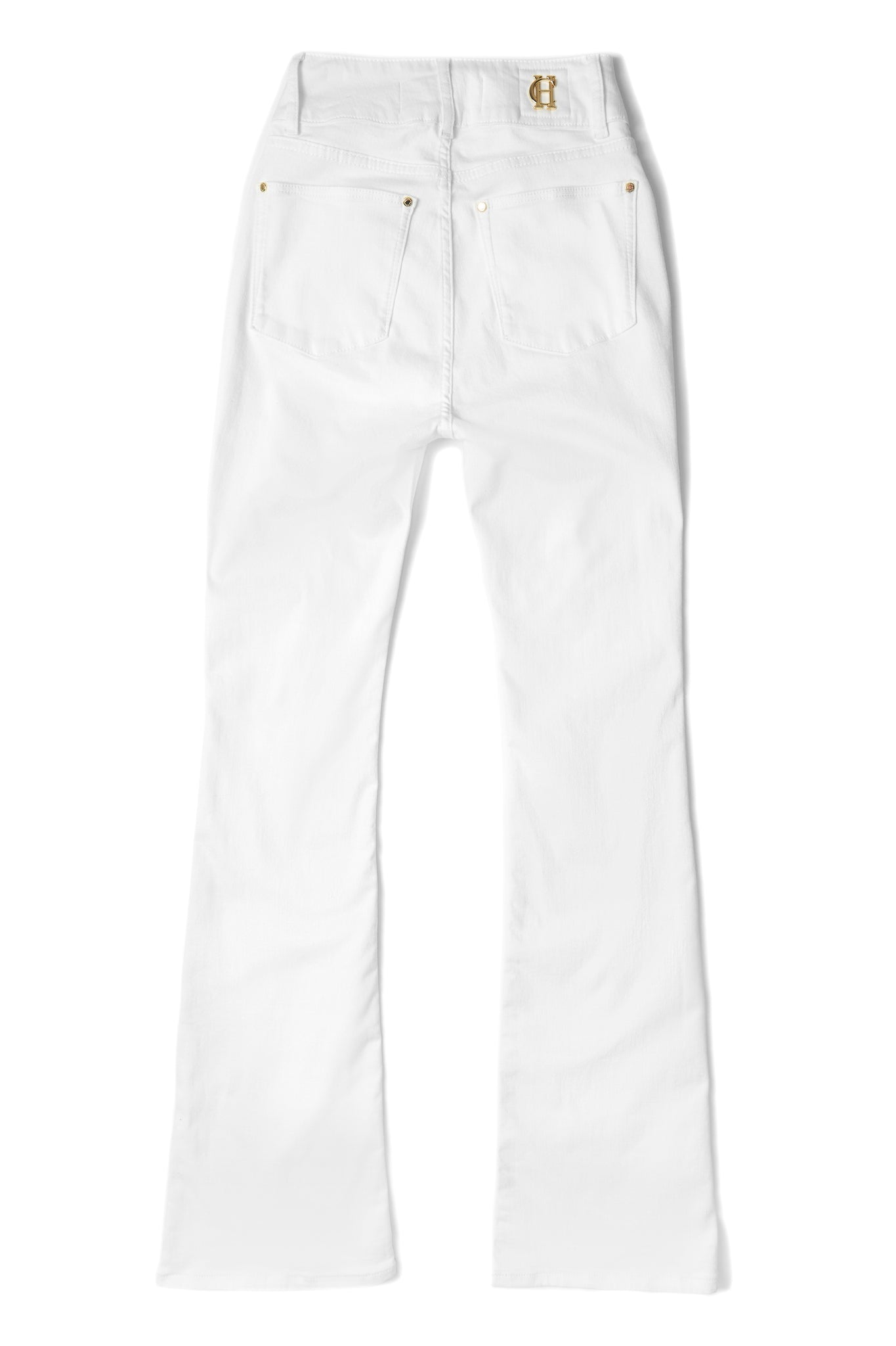 back of womens high rise white flared jean with centre front zip fly fastening with two open pockets at the front and back and gold hardware on back waistband