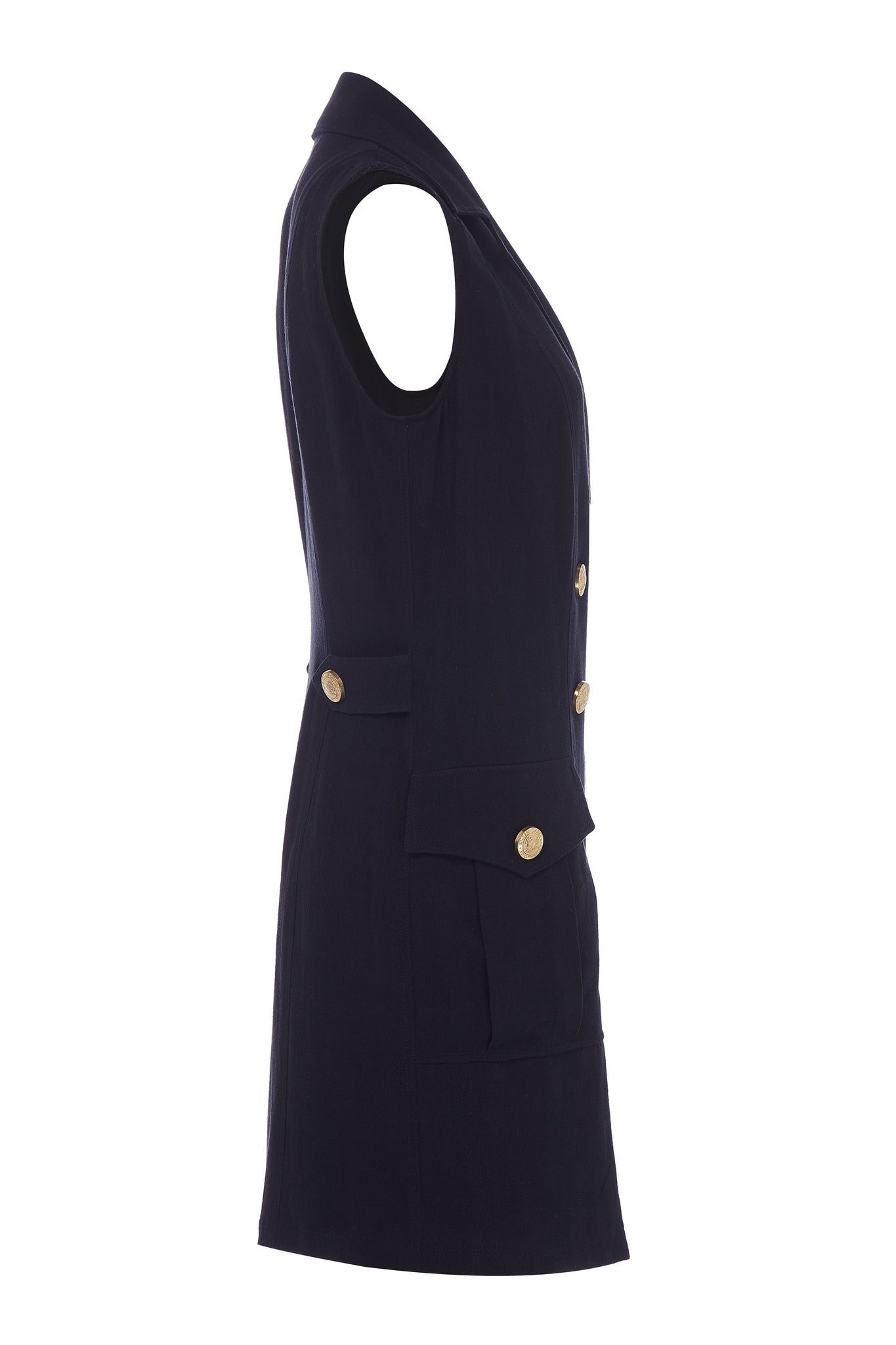 side shot of womens black linen sleeveless collared mini dress with gold button front fastening 