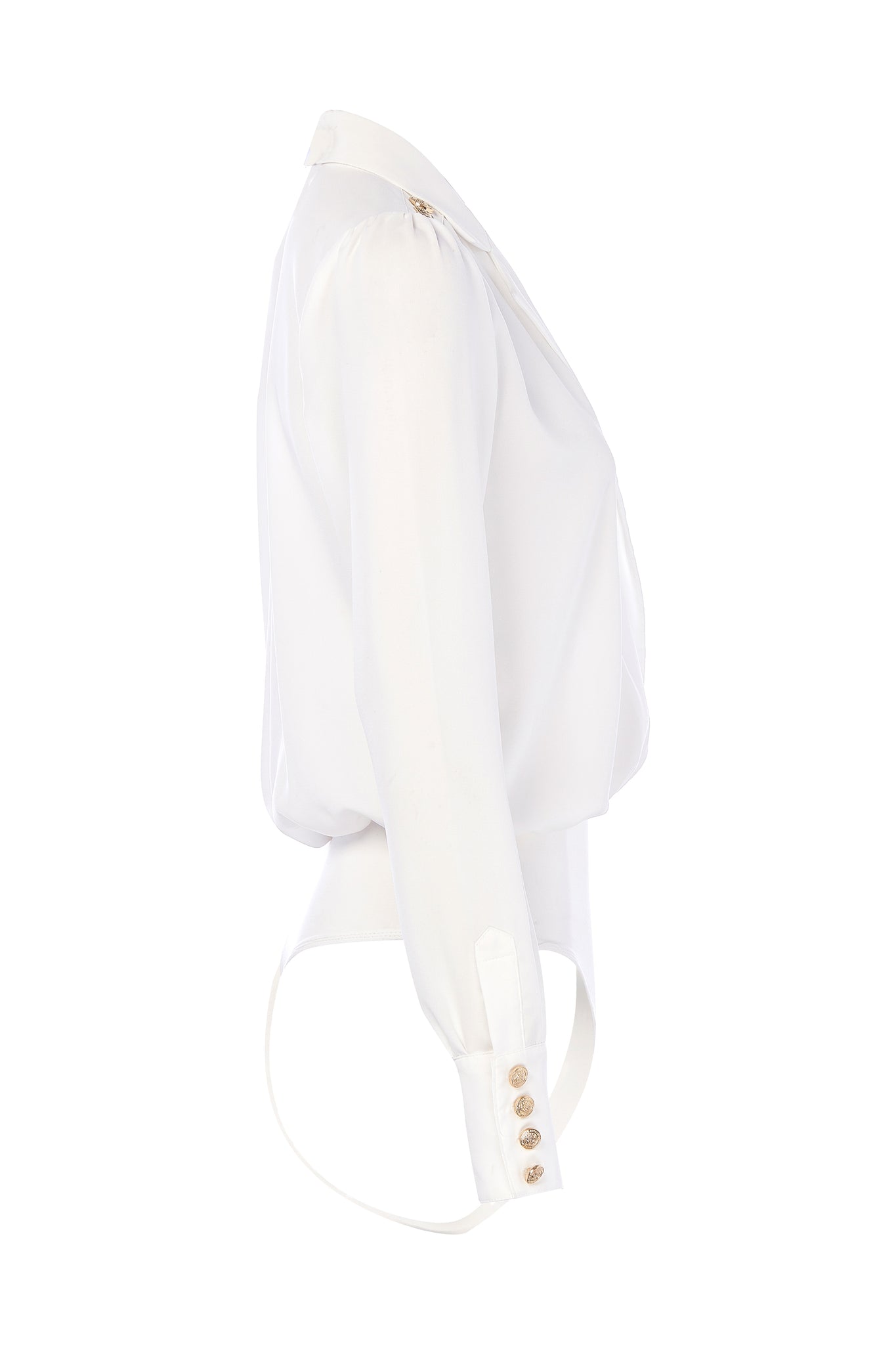 side of womens white cupro cross body style bodysuit with gold hardware shoulders and cuffs