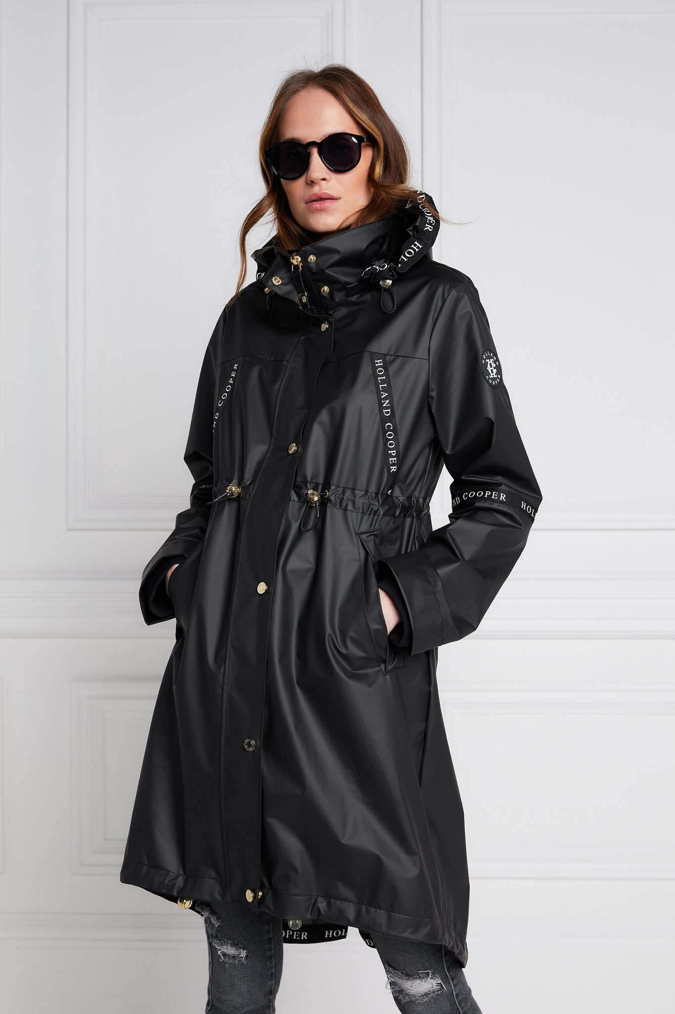 womens matte black rain coat with hood 