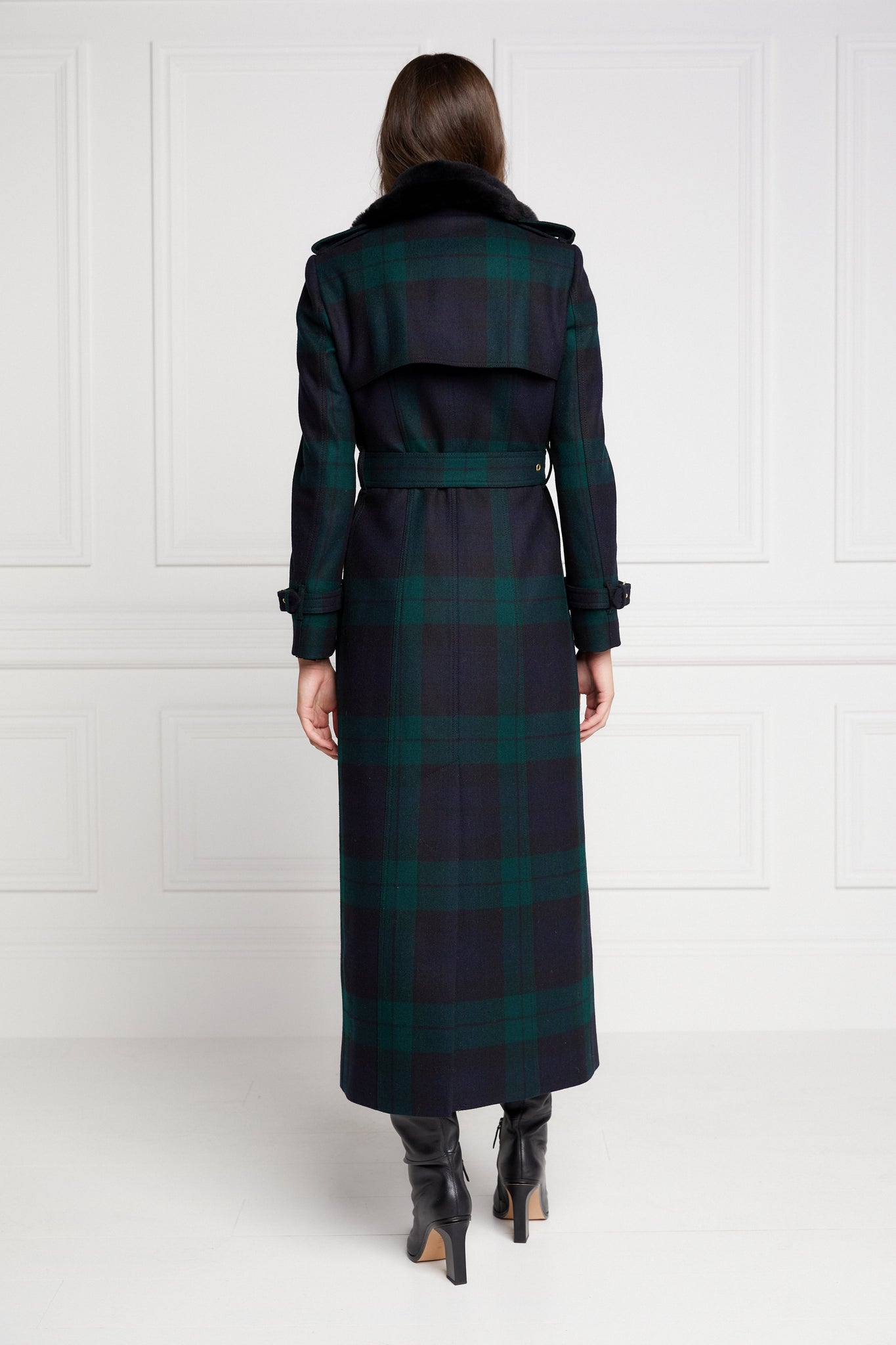 back of womens navy and green blackwatch houndstooth double breasted full length trench coat with black faux fur collar