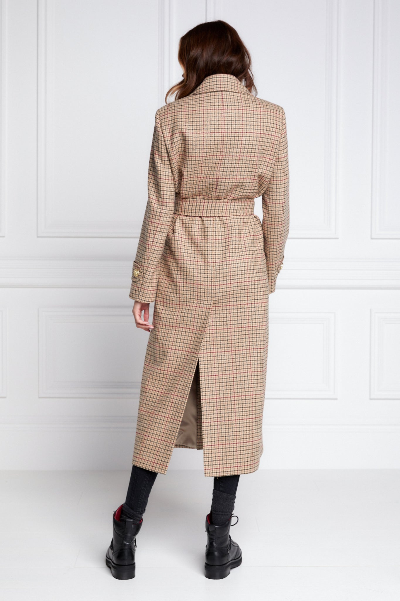 back of Womens checked brown green and red tweed mid length wrap coat with tie belt