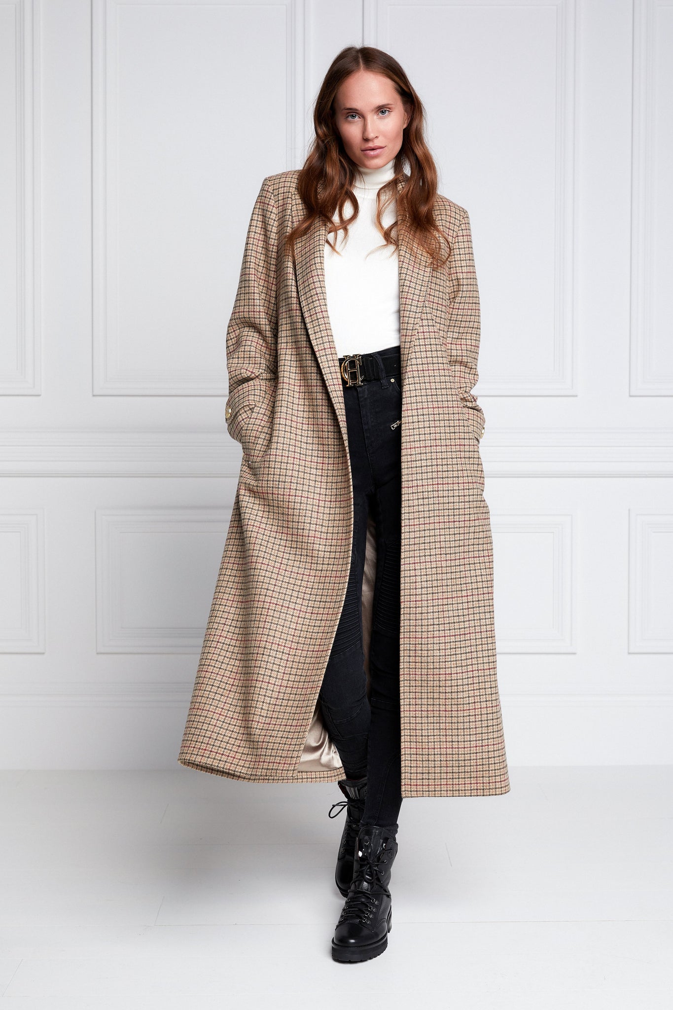Womens checked brown green and red tweed mid length wrap coat with tie belt