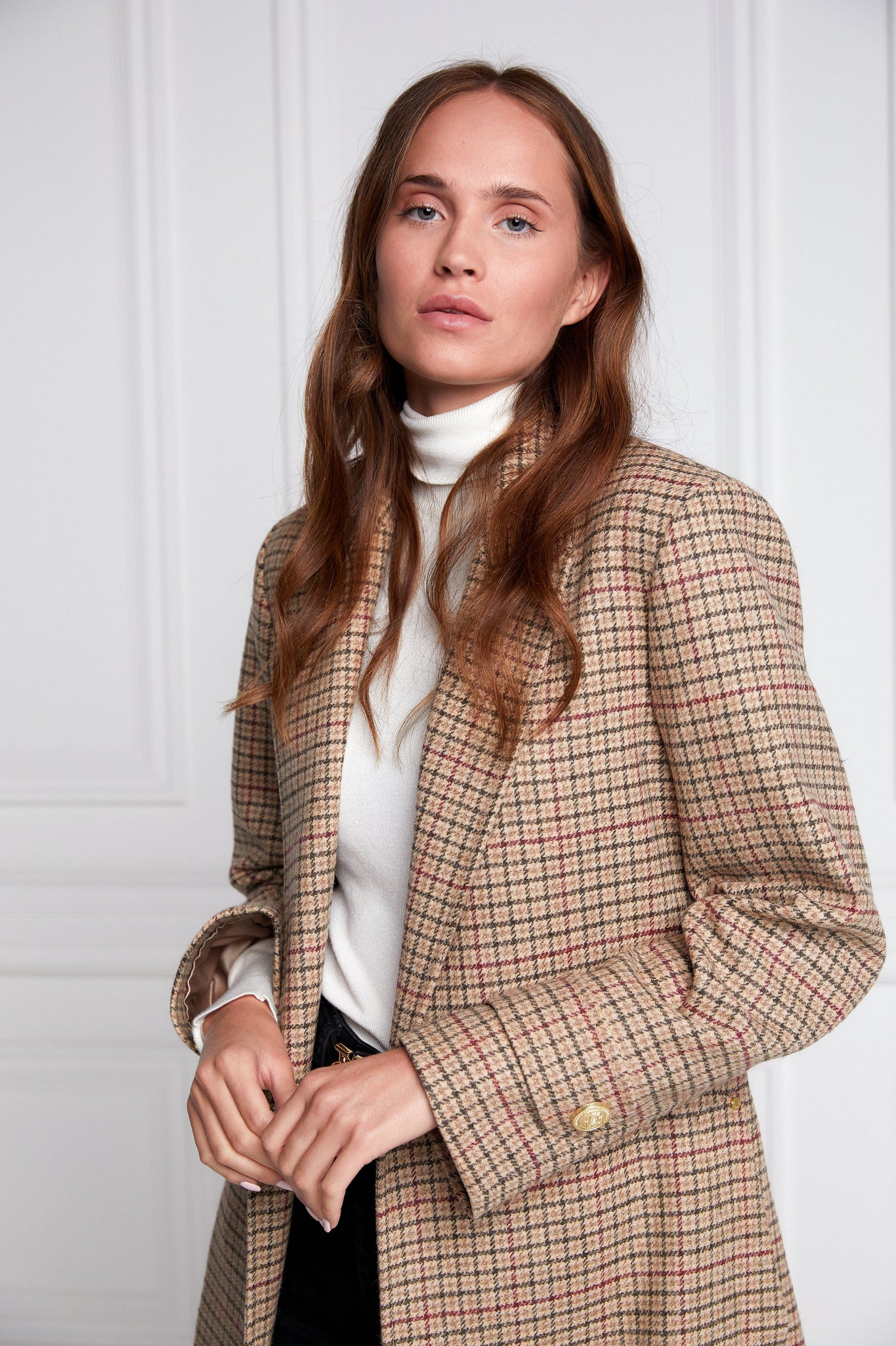 Womens checked brown green and red tweed mid length wrap coat with tie belt