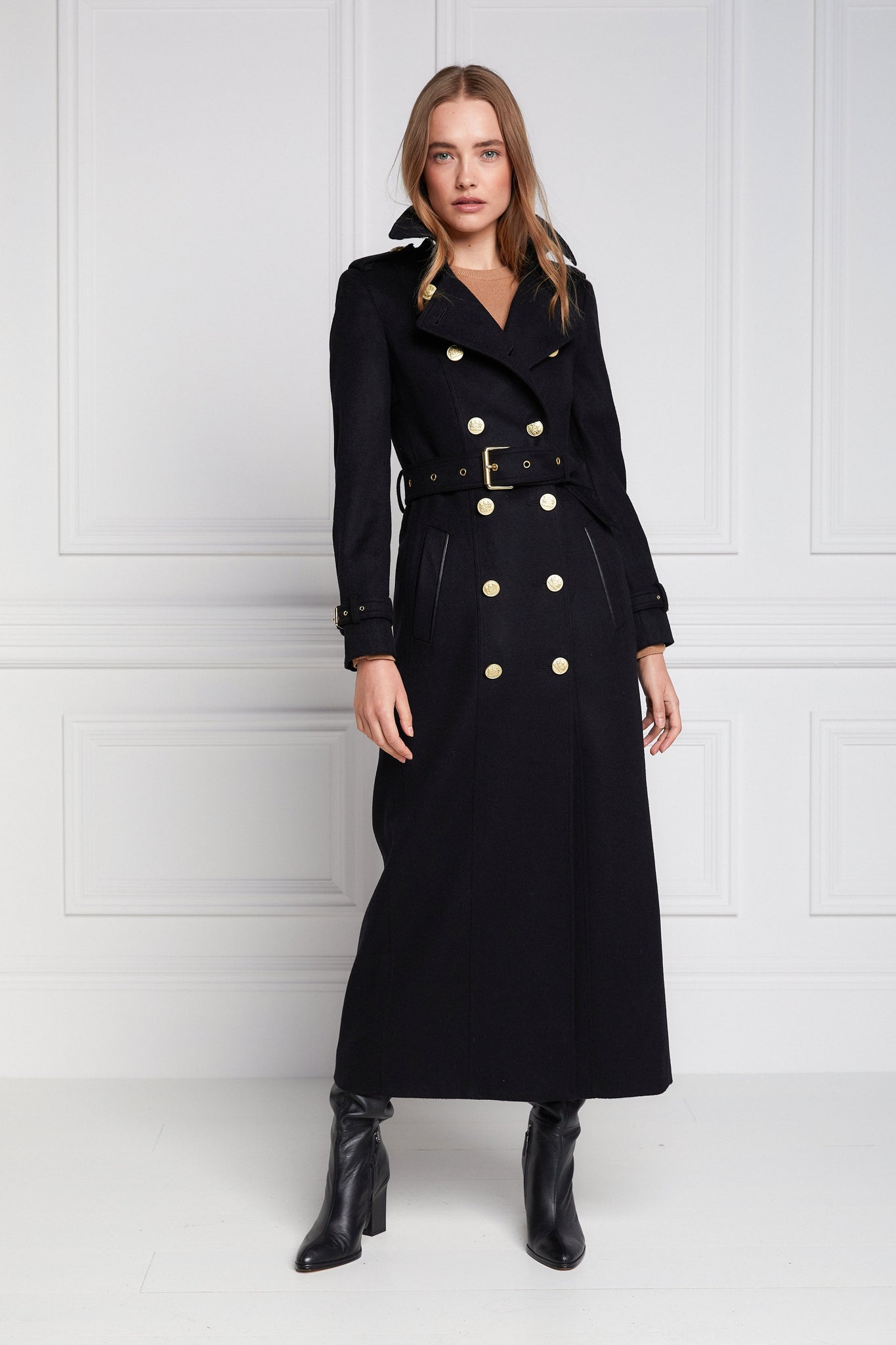 womens black double breasted full length wool trench coat