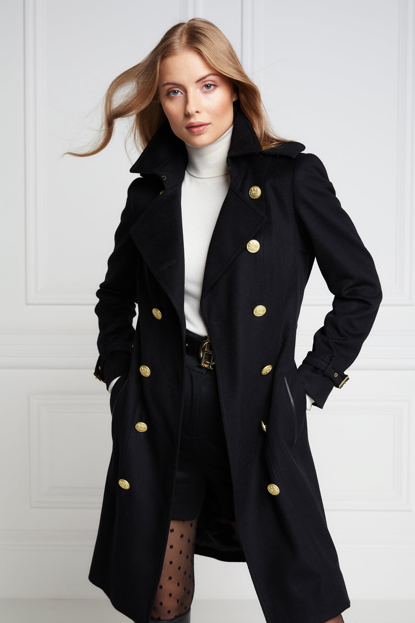 Womens black detailed with gold hardware knee length wool trench coat