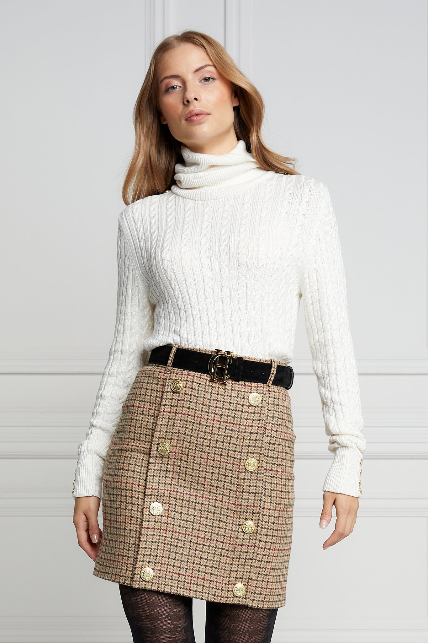 womens wool pencil mini skirt in light brown and red tweed check with concealed zip fastening on centre back and gold rivets down front