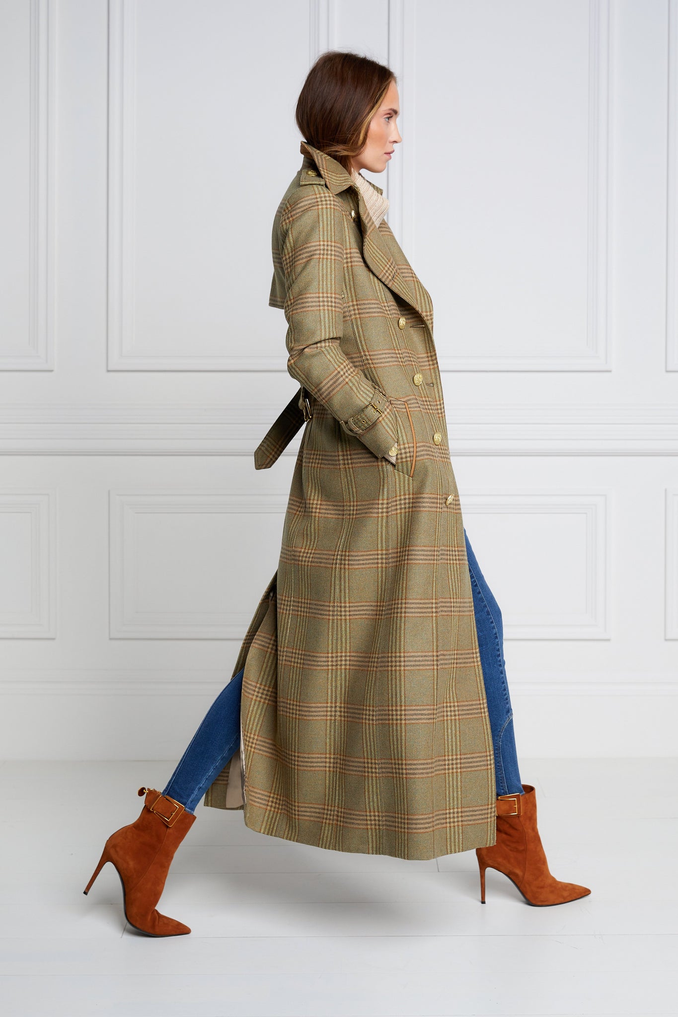 side of womens green tartan double breasted full length wool trench coat