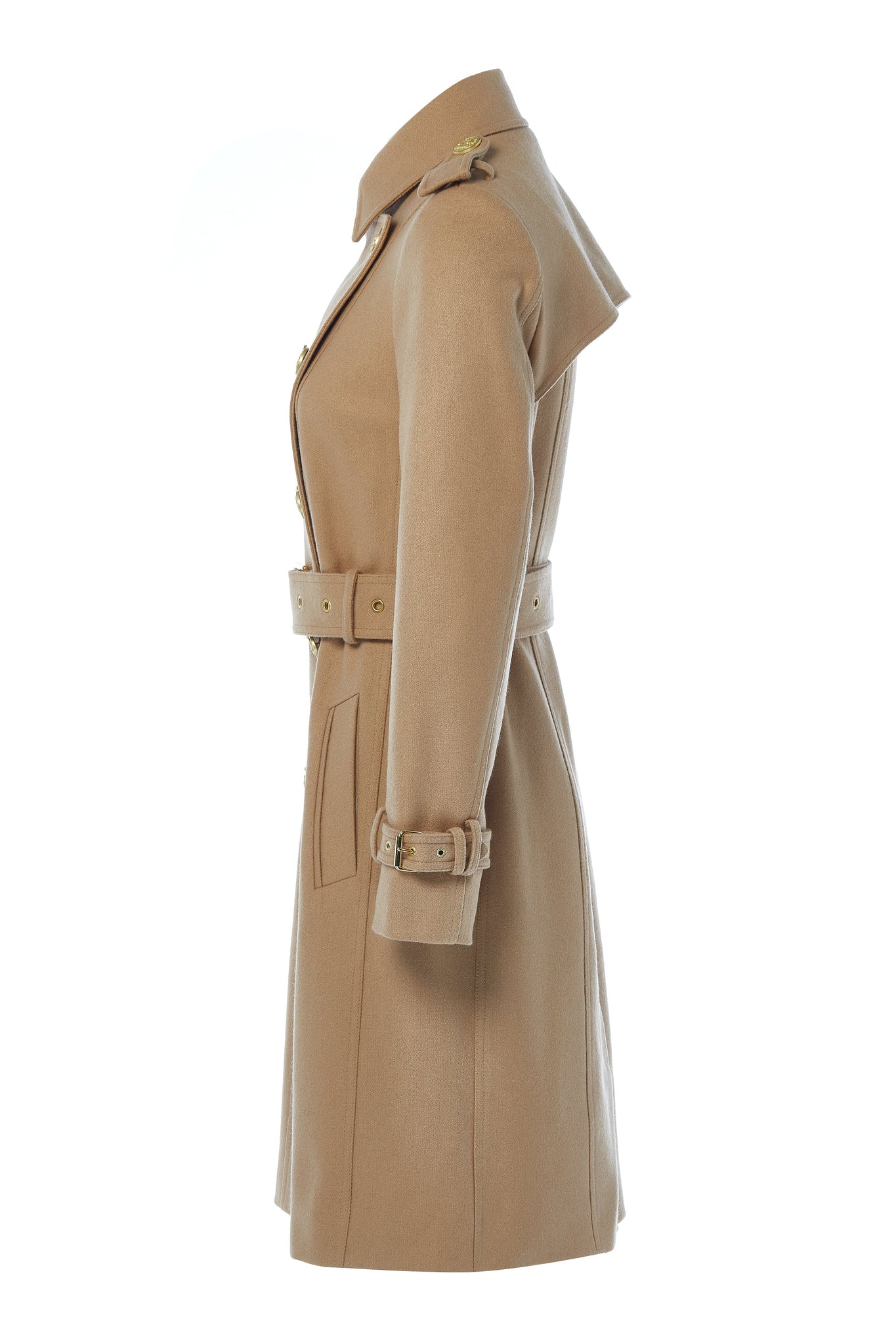 Side of womens camel detailed with gold hardware knee length wool trench coat
