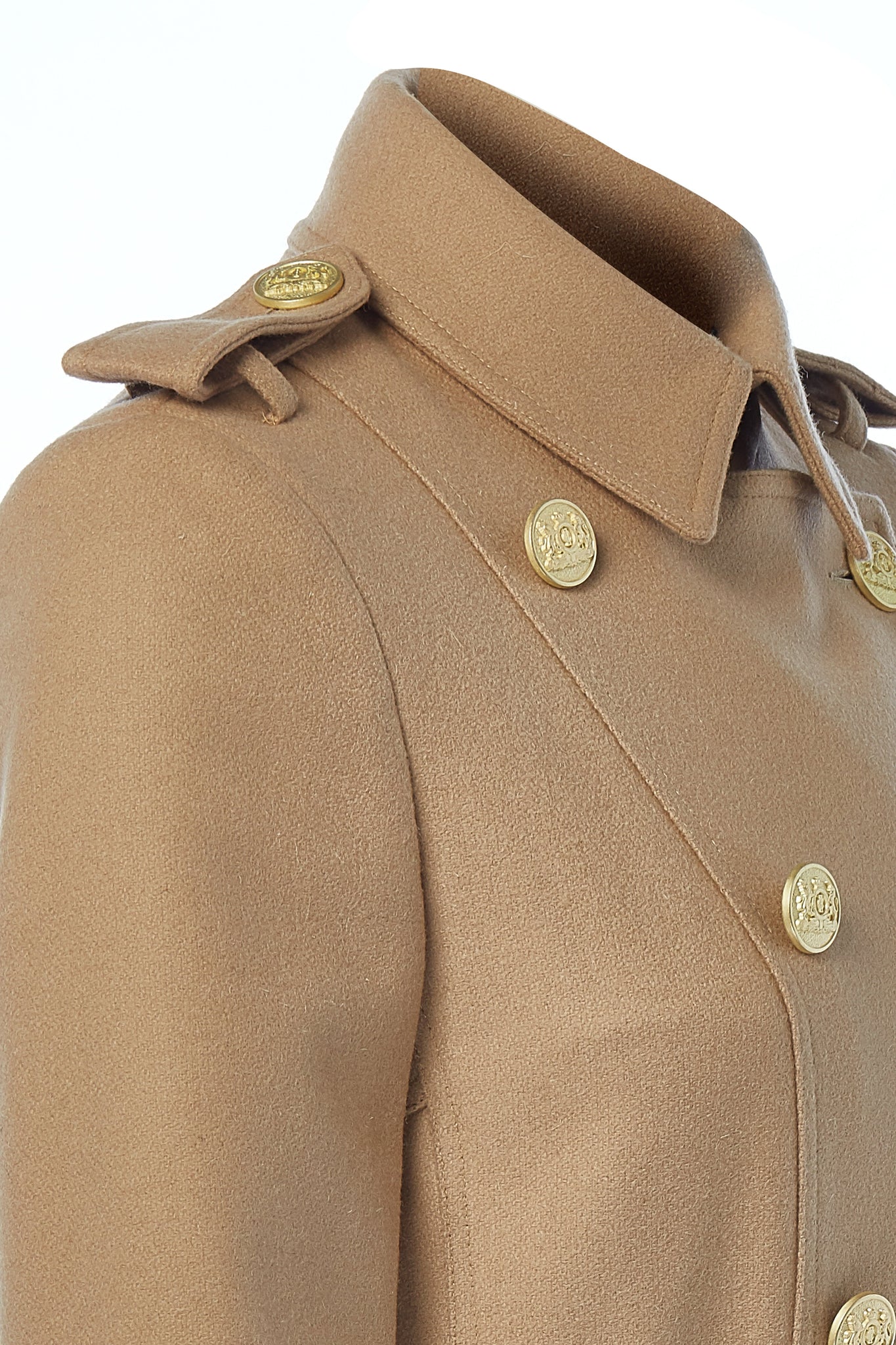 shoulder detail womens camel detailed with gold hardware knee length wool trench coat