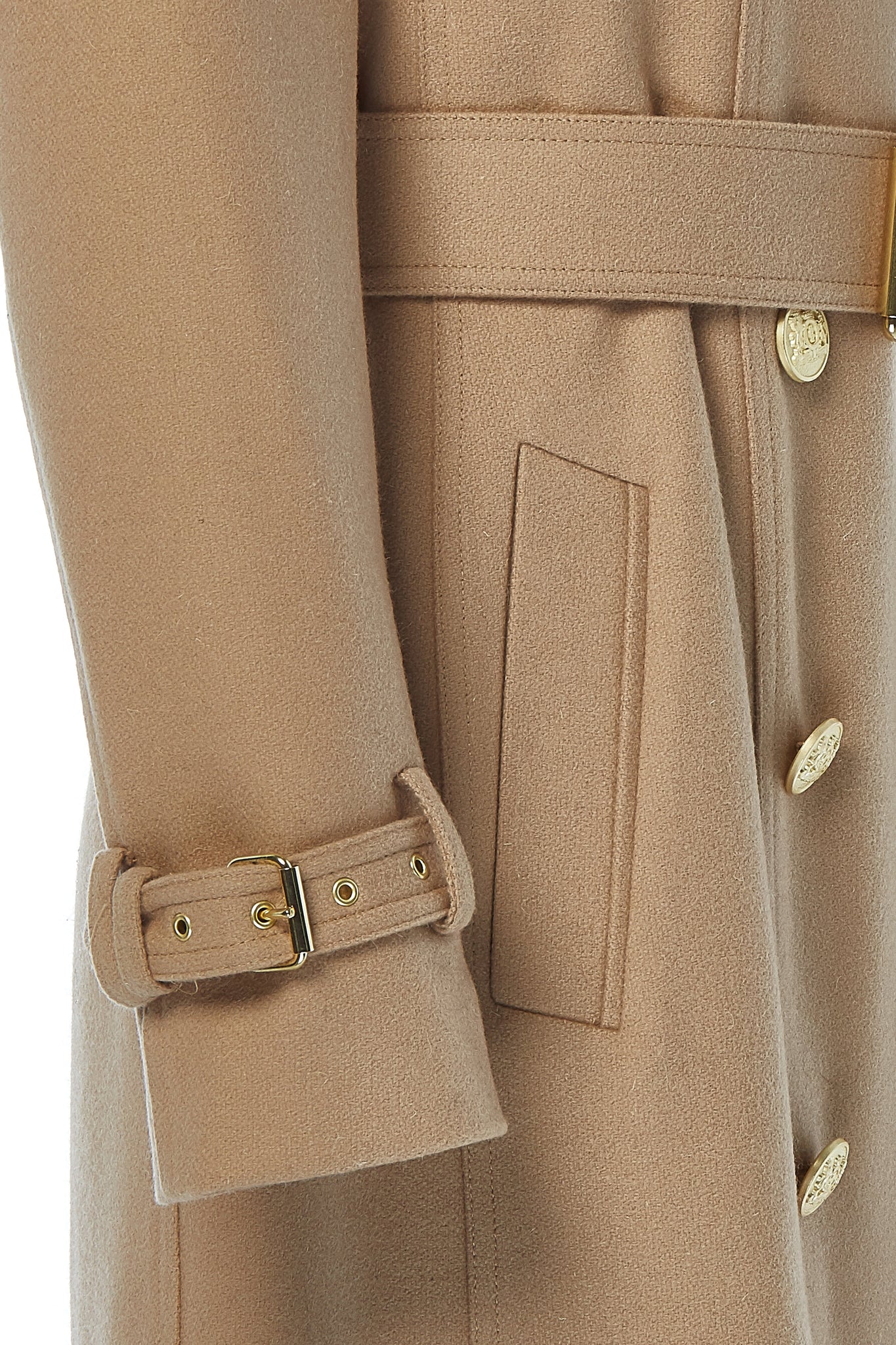 arm detail womens camel detailed with gold hardware knee length wool trench coat