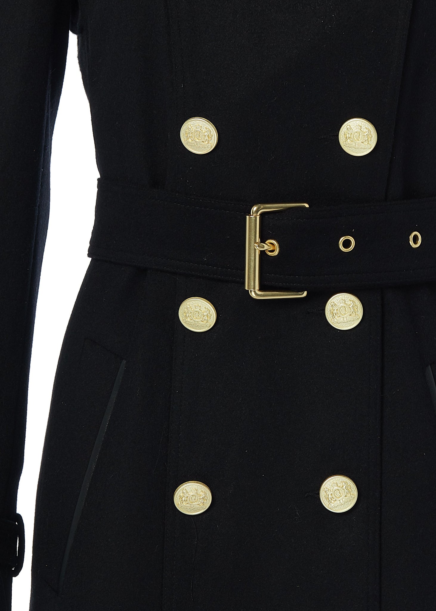 Belt detail of womens black detailed with gold hardware knee length wool trench coat