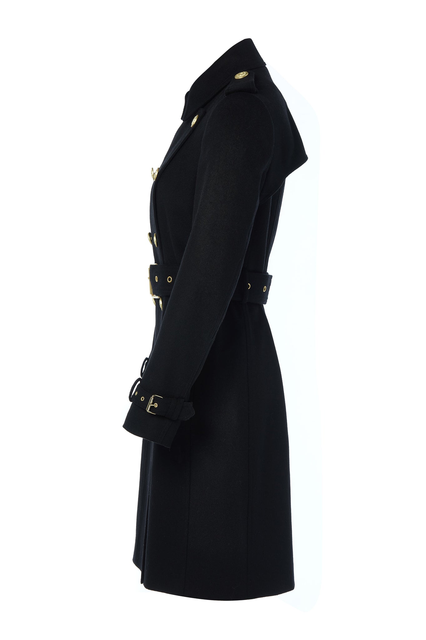 Side shot of womens black detailed with gold hardware knee length wool trench coat