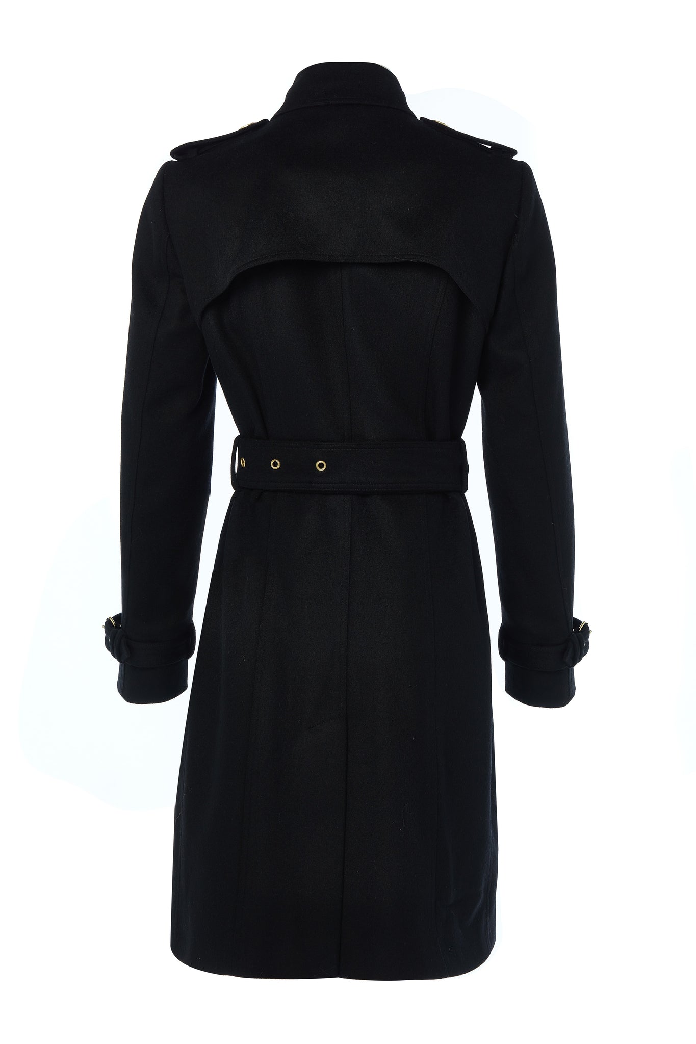 Back shot of womens black detailed with gold hardware knee length wool trench coat