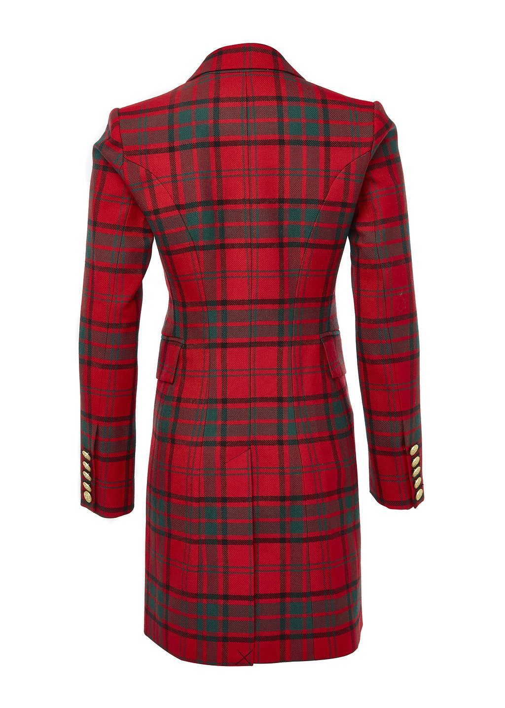 back of red tartan womens wool coat with gold hardware