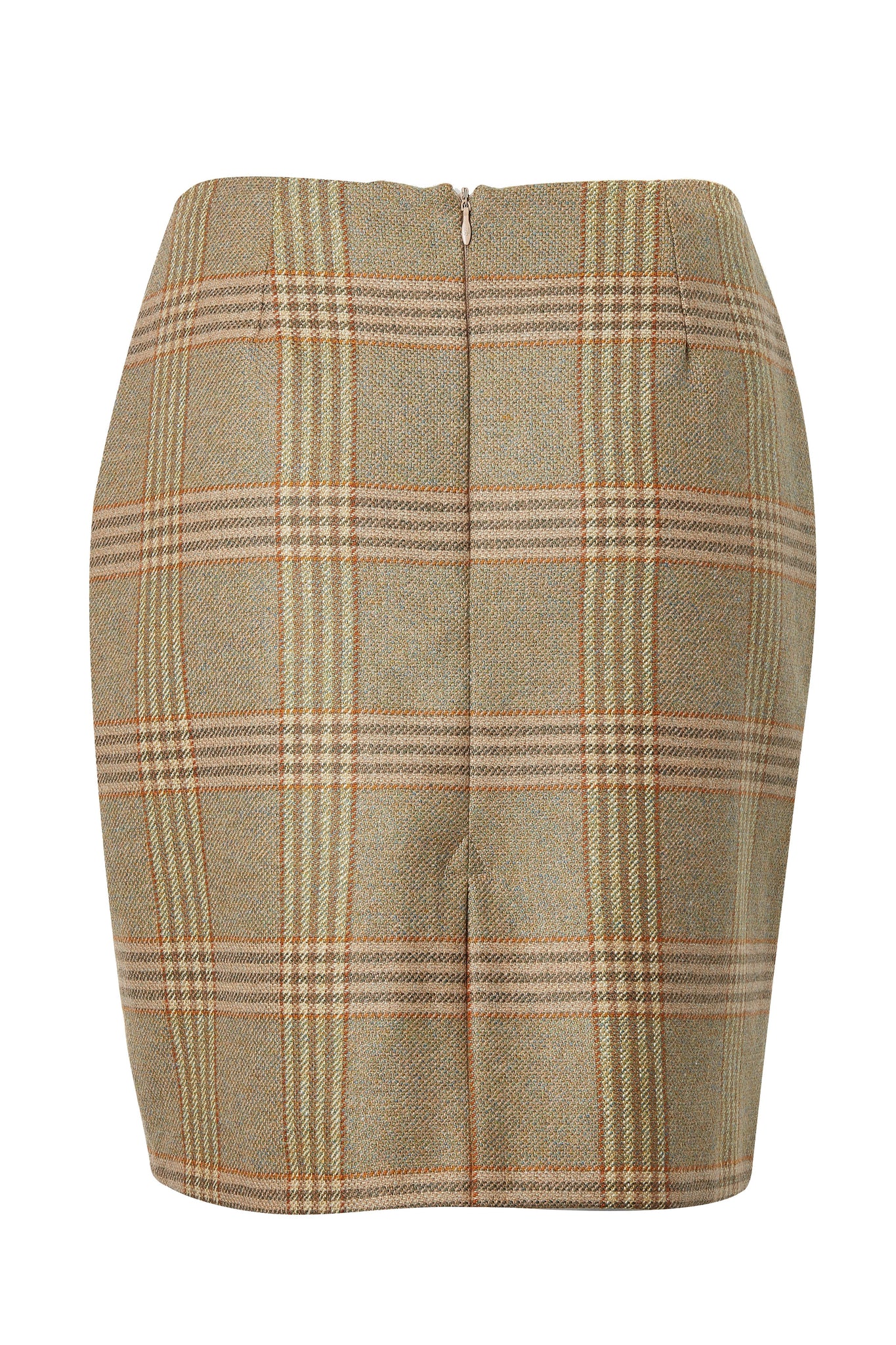 back of womens wool tweed pencil mini skirt in green and light brown check with slit on back and zip fastening on centre back