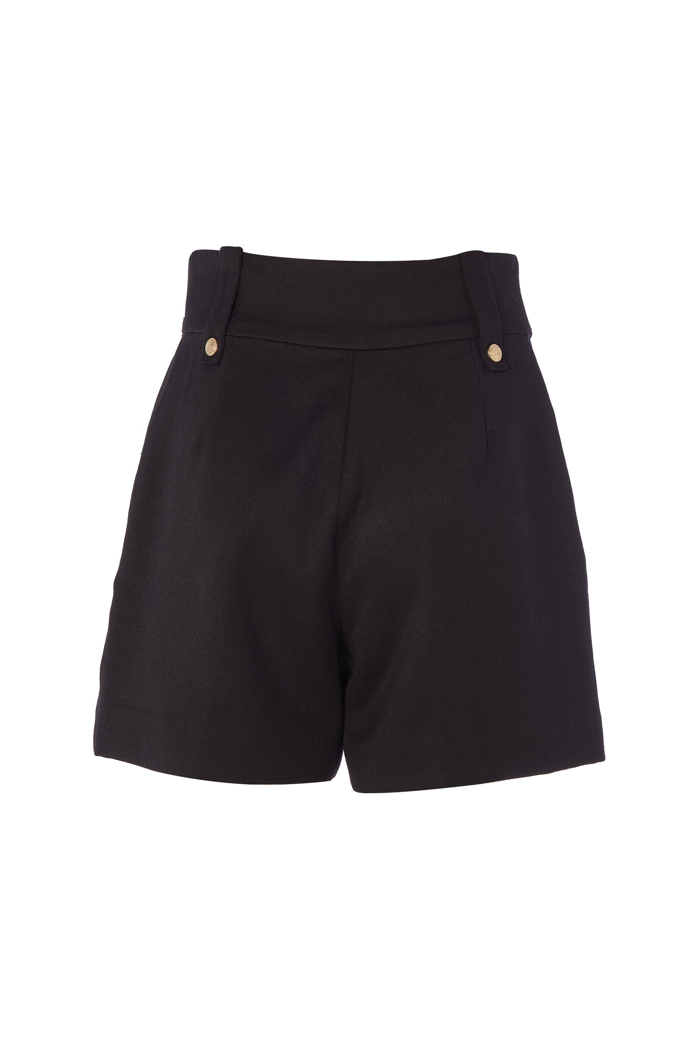 back of womens black high rise tailored shorts with two single knife pleats and centre front zip fly fastening with twin branded gold stud buttons and side hip pockets with branded rivet detailing at top and bottom of pockets
