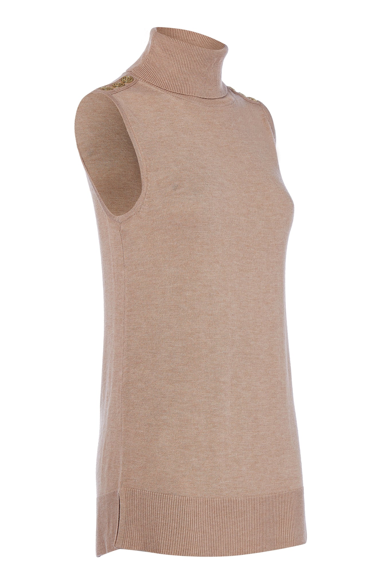 side of fitted lightweight sleeveless rollneck knit in camel with gold button detail across shoulders showing split hem