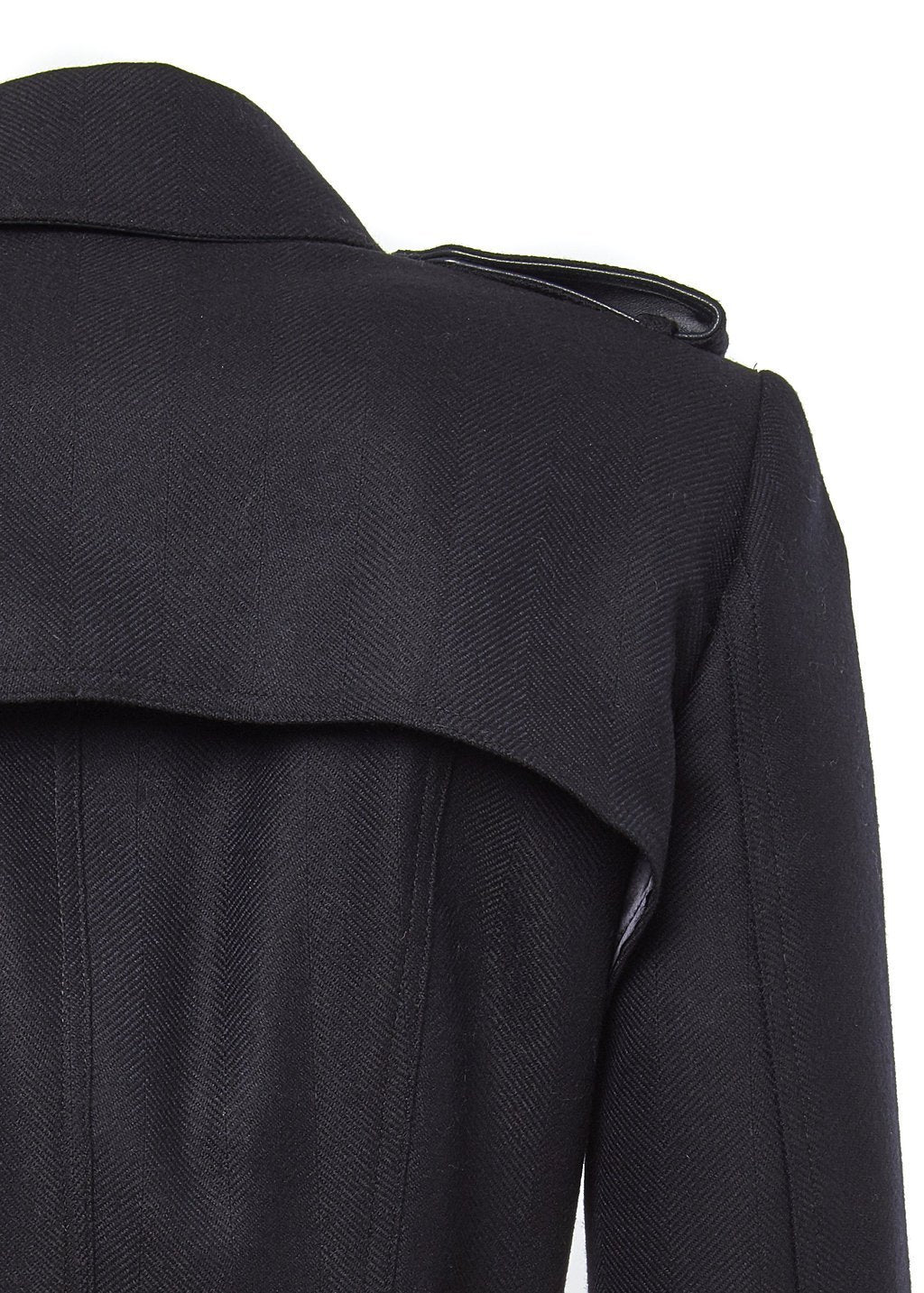 Shoulder detail of womens navy detailed with gold hardware knee length wool trench coat