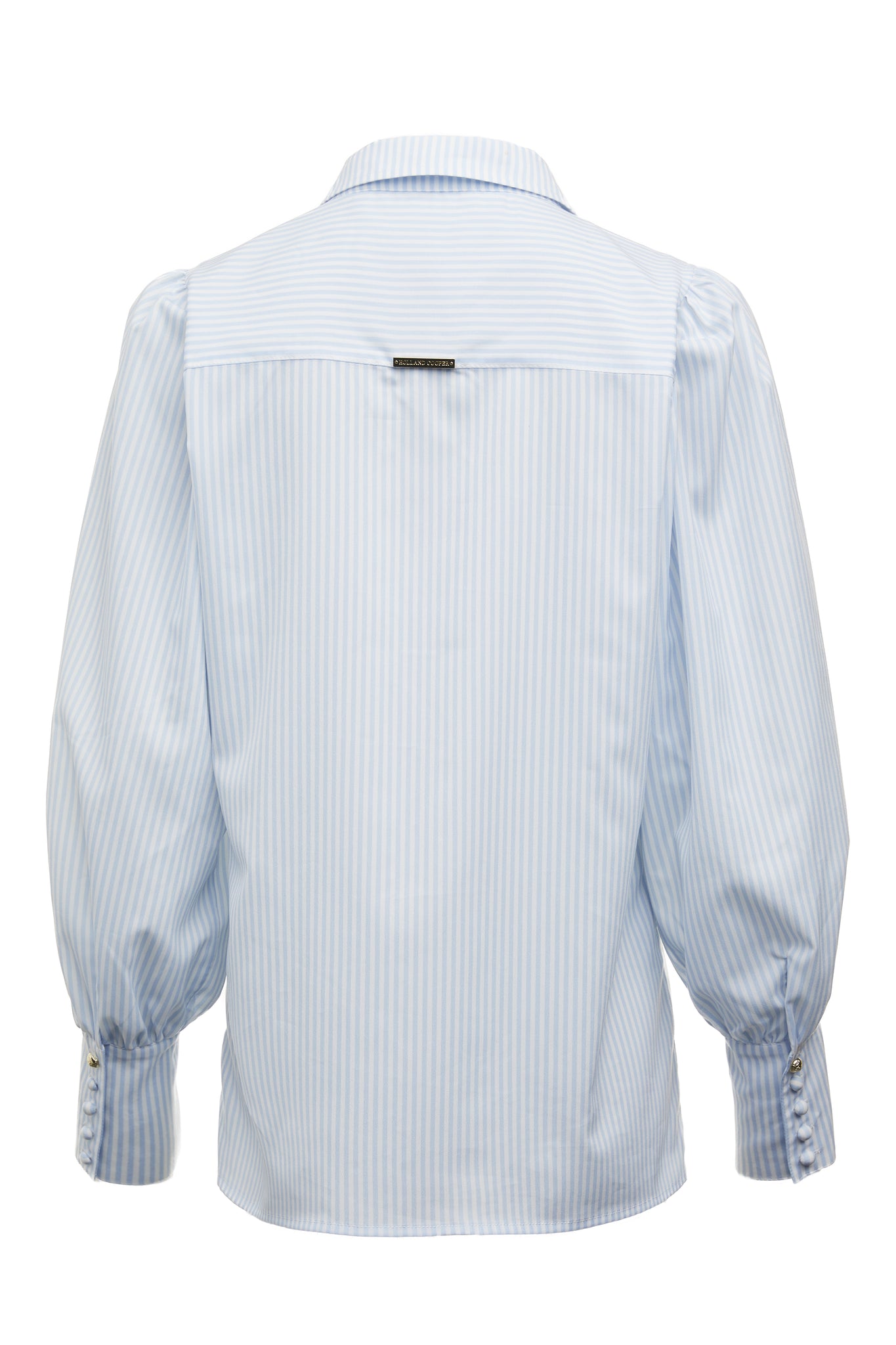back image of  classic fitted shirt with long sleeves and subtle puffy shoulders with thin blue and white stipe print design with extra long cuffs and rounded collar detailed with fabric buttons 