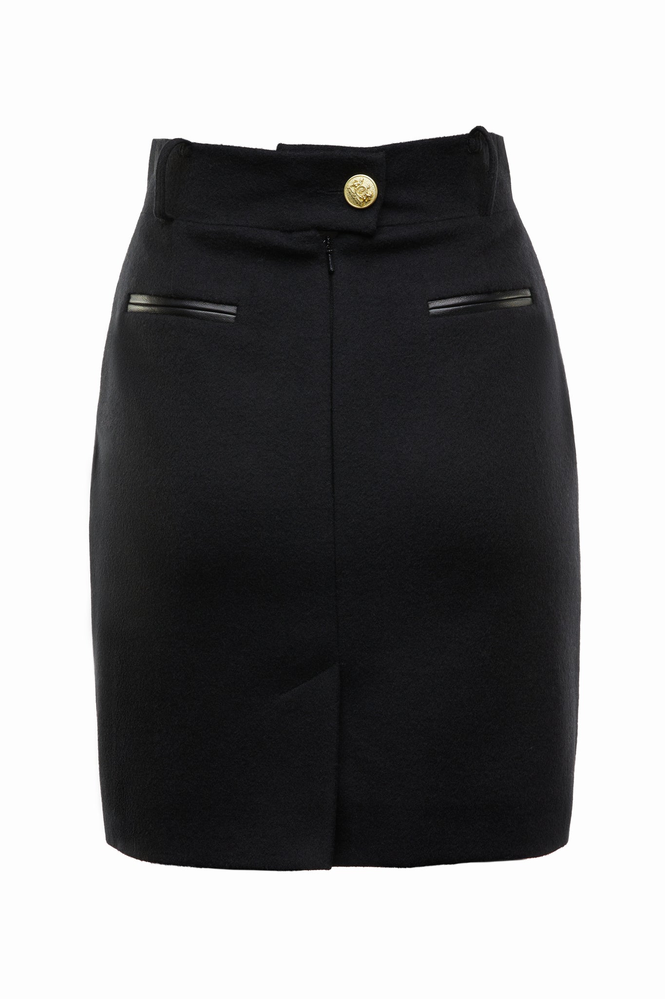back of womens black wool pencil mini skirt with concealed zip fastening on centre back and gold rivets down front